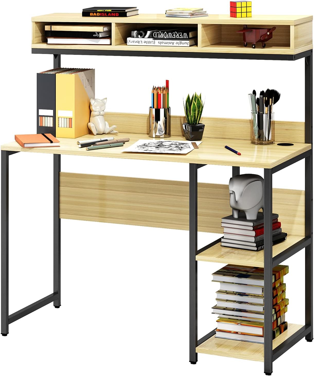 VIPEK Computer Desk 42 Inch Small Desk for Small Spaces, School Student Desk Study Writing Desk, Small Corner Desk with Hutch and Storage Shelves, Space Saving & Easy Assemble, Oak