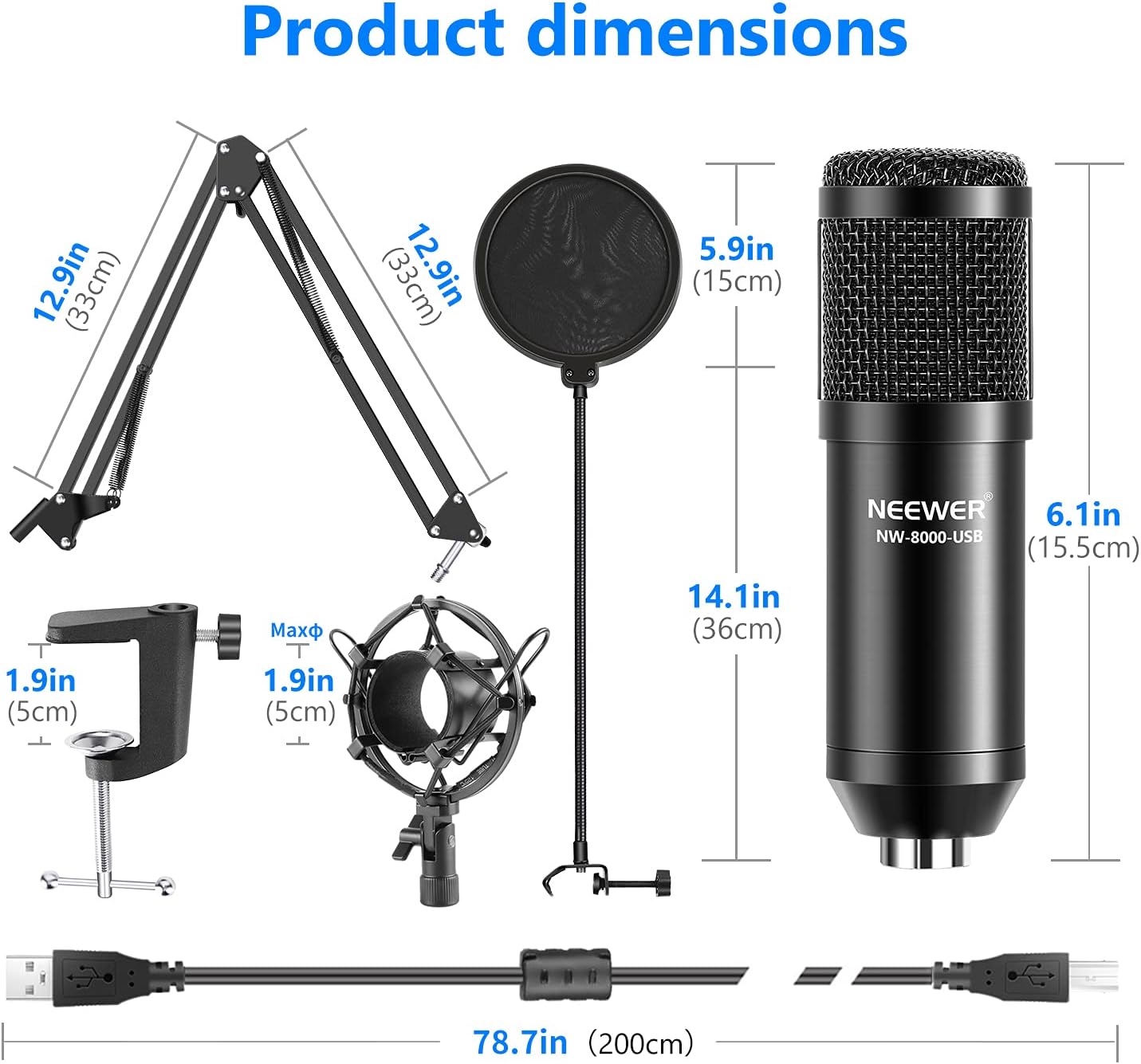 Neewer USB Microphone Kit, Plug & Play 192kHz/24-Bit Supercardioid Condenser Mic with Boom Arm and Shock Mount for YouTube Vlogging, Gaming, Podcasting, and Zoom Calls, NW-8000-USB, Black Pack of 2