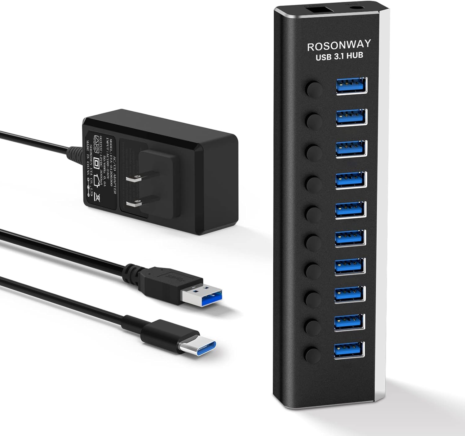 Powered USB Hub, Rosonway 10 Port USB 3.1 Hub 10Gbps with 36W (12V/3A) Power Adapter, Type A and Type C Cables, Aluminum USB C Hub Splitter for PC and Laptop (RSH-A10S) Pack of 2