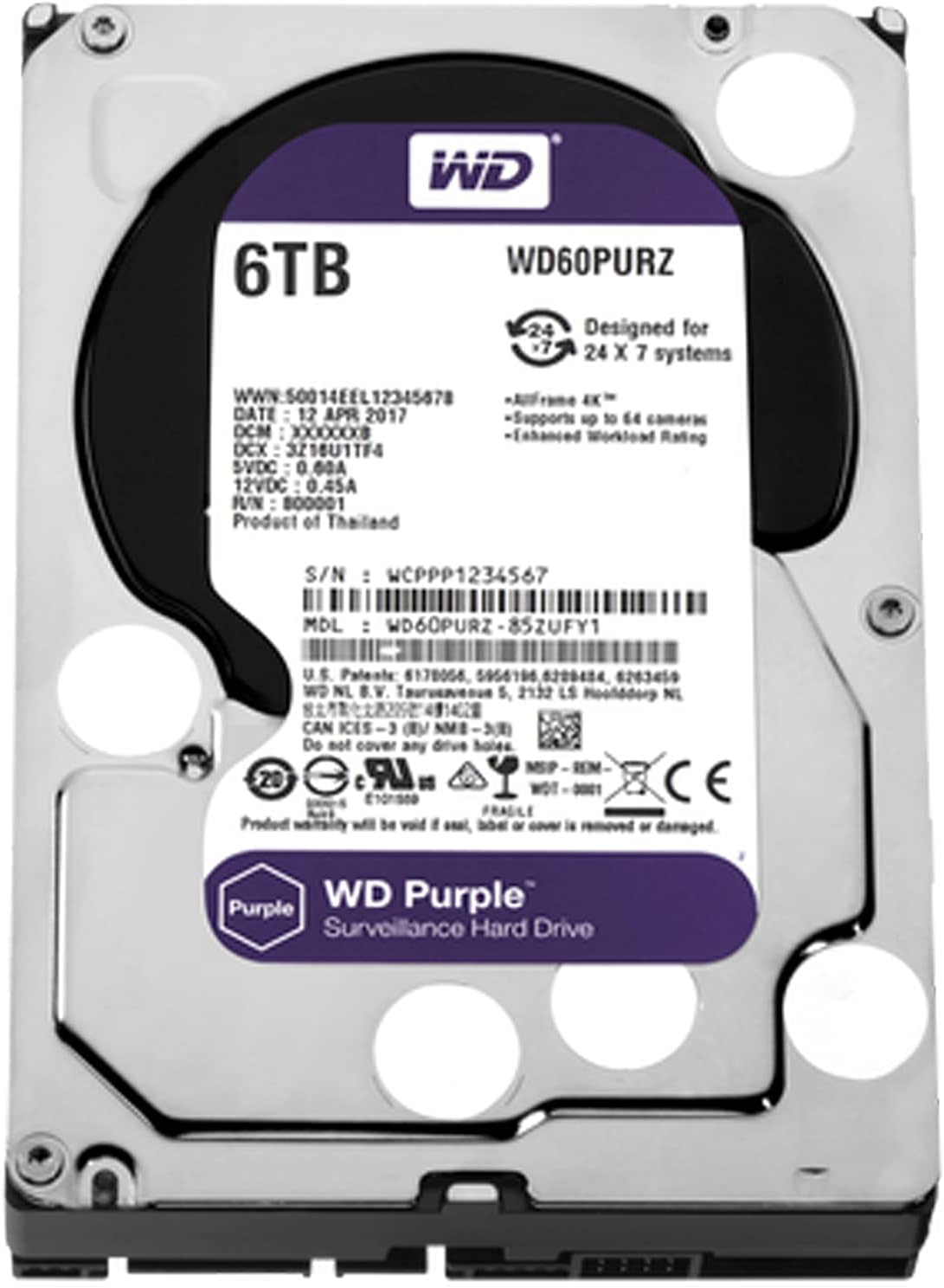 Western Digital 6TB WD Purple Surveillance Internal Hard Drive HDD - 5640 RPM, SATA 6 Gb/s, 128 MB Cache, 3.5
