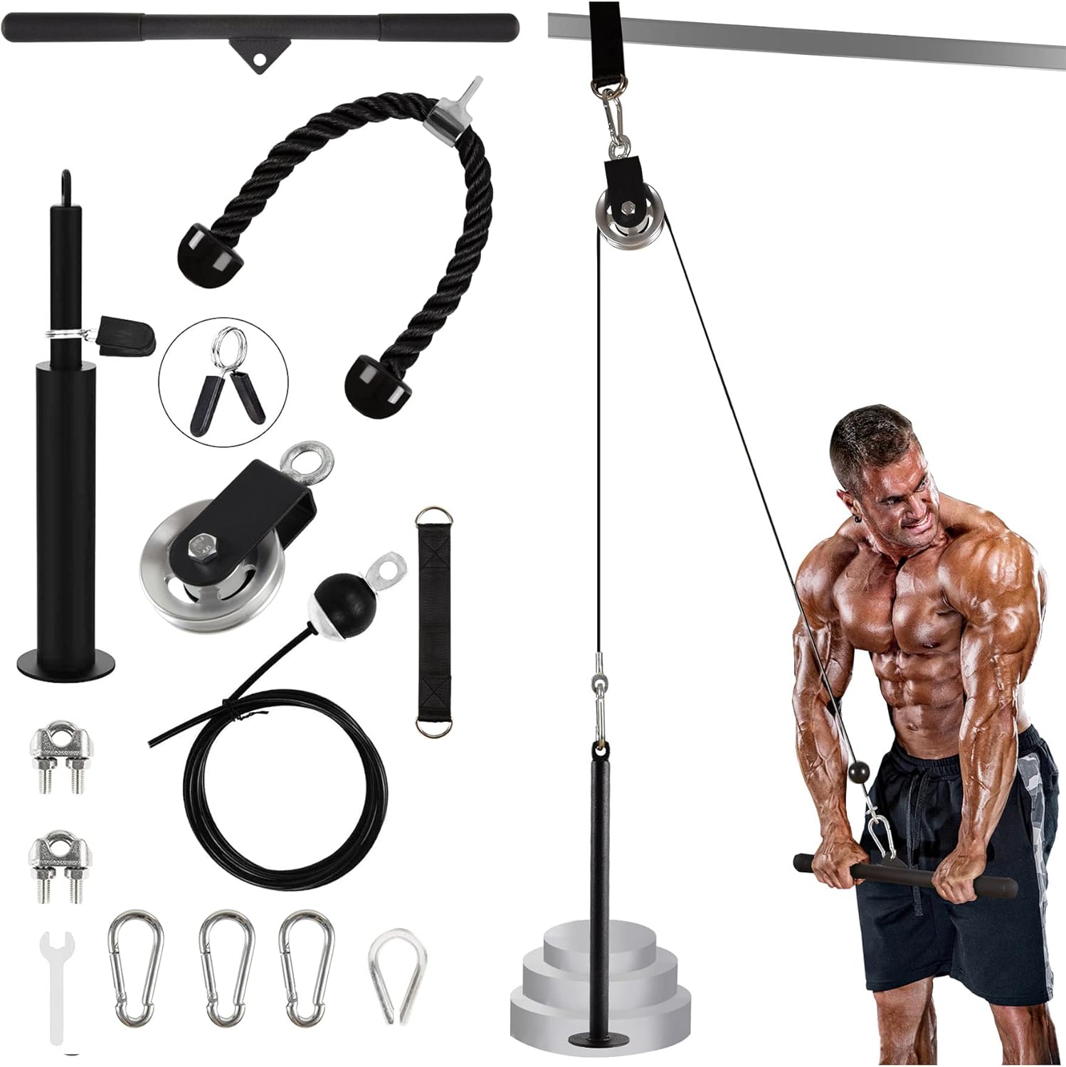 LAT Cable Pulley System Gym with 90” Adjustable Pulley Cable, Upgraded Loading Pin Cable Pulley Attachment for Tricep Pulldown, Biceps Curl, Back, Forearm, Shoulder - DIY Home Gym Equipment Beginner Pack of 2