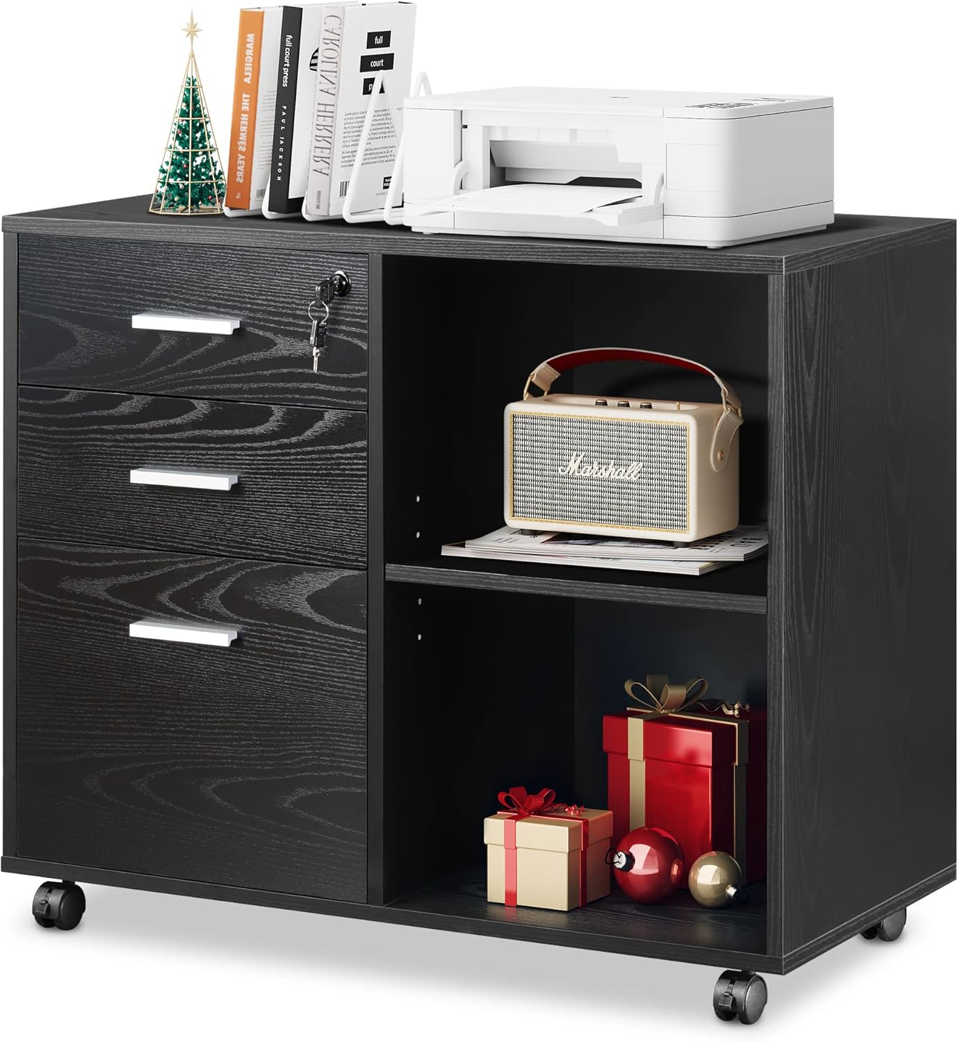 DEVAISE 3-Drawer Wood File Cabinet with Lock, Mobile Lateral Filing Cabinet, Printer Stand with Open Storage Shelves for Home Office, Black