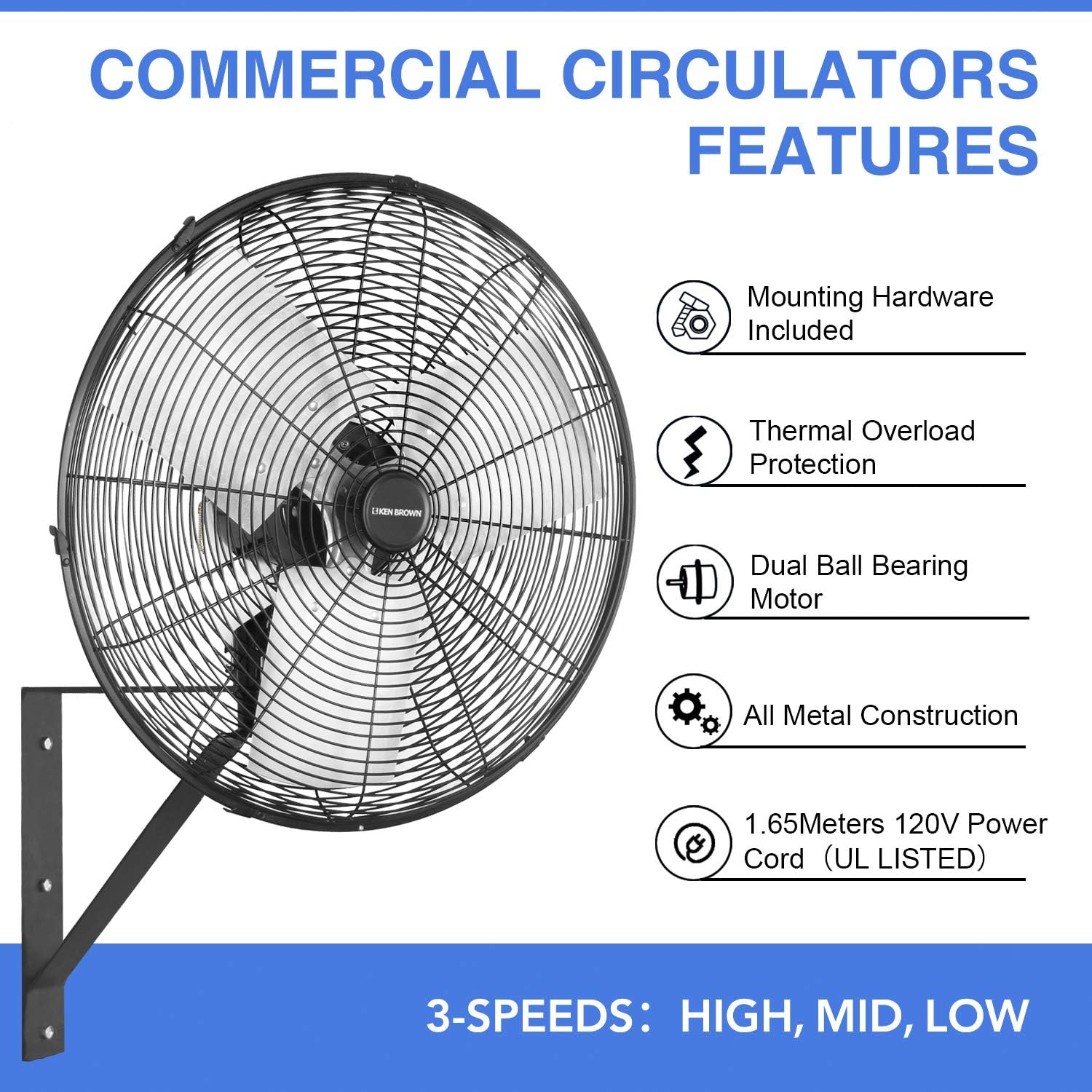 KEN BROWN 20 Inch Industrial Oscillating Wall Mount Fan 5500CFM,Heavy Duty,High Velocity,3- Speed,Black