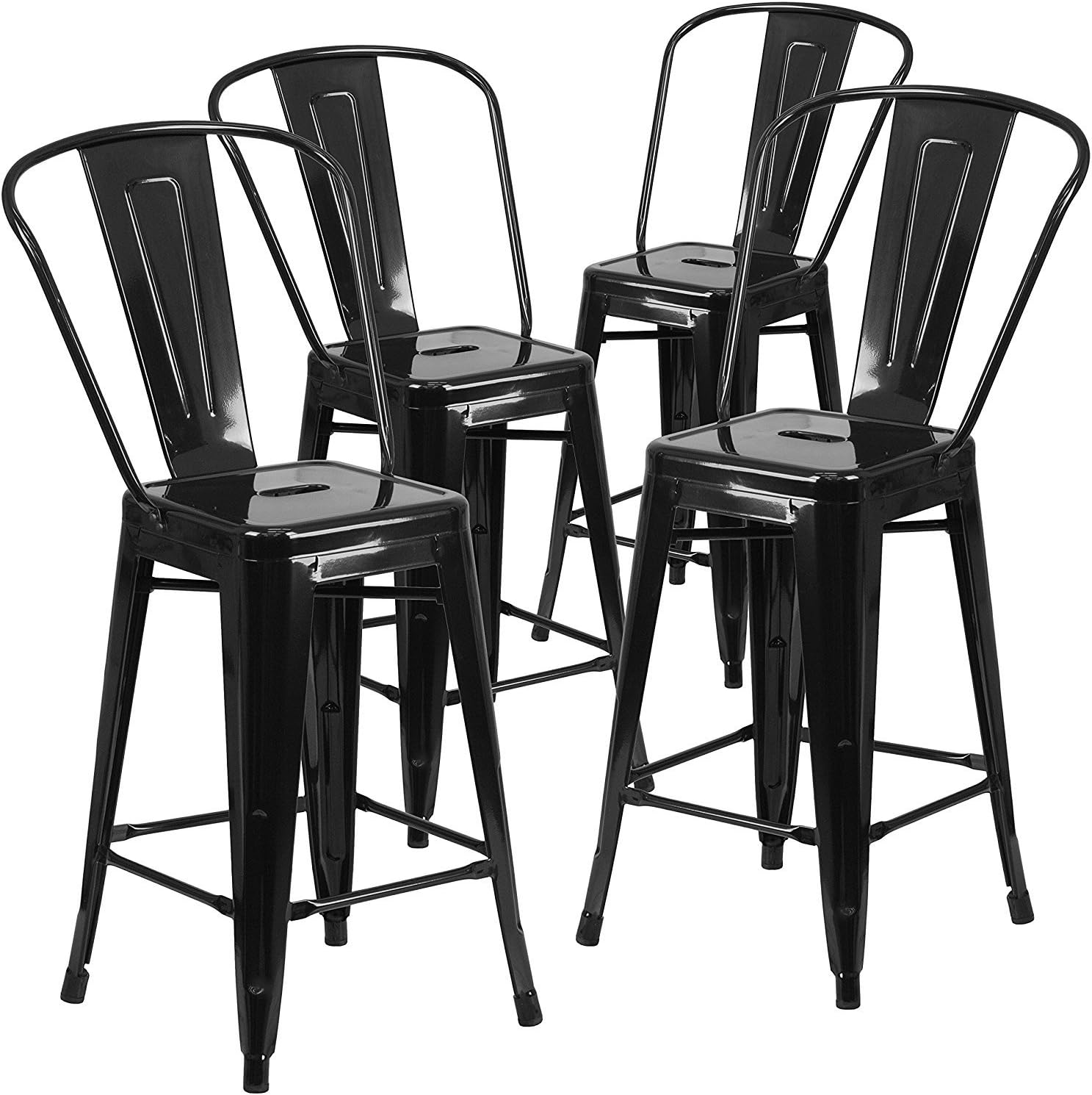 BELLEZE 24 Inch Modern Stackable Metal Bar Stools with Wood Seat, Indoor Outdoor Restaurant Patio Kitchen Dining, Antique Farmhouse Vintage Industrial Steel Metal [Set of 4] - Wyatt (Black)