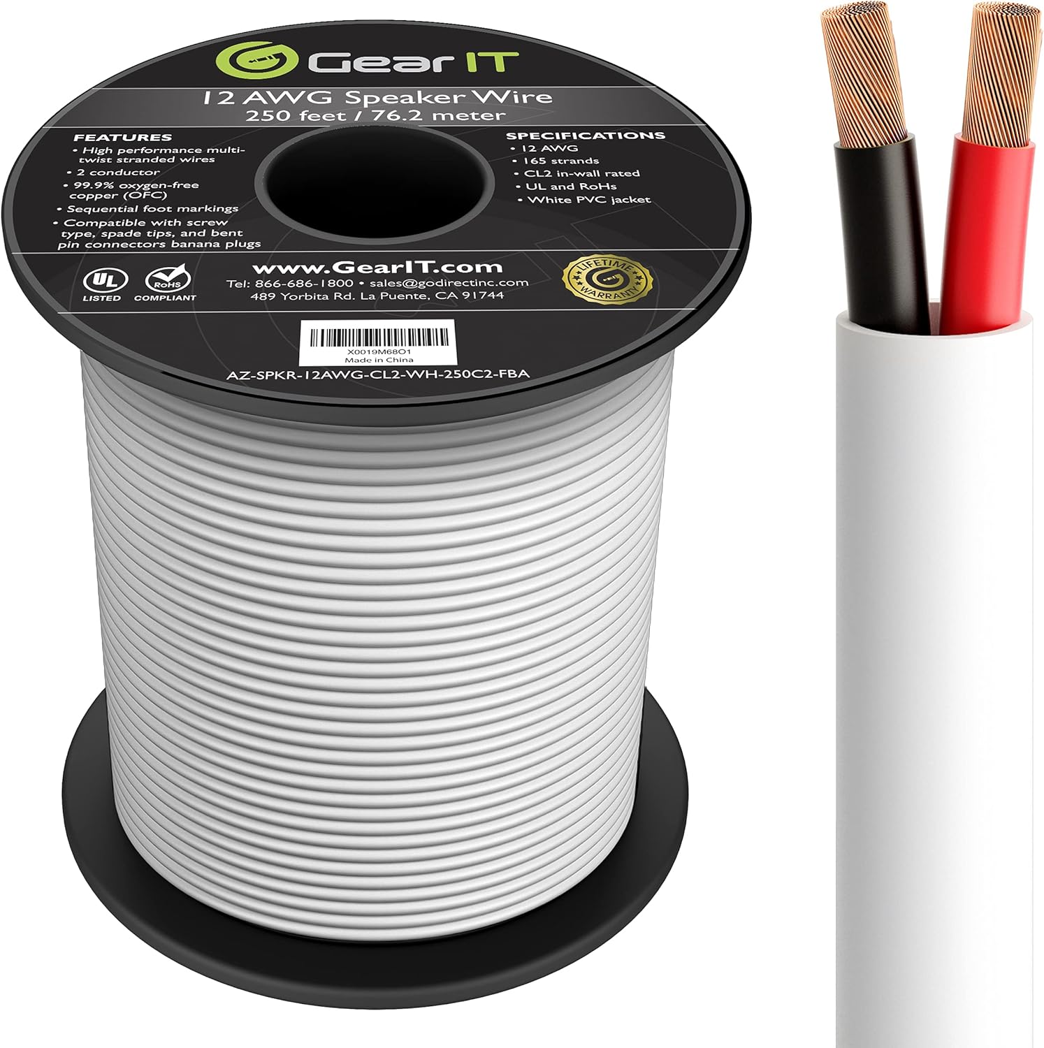 GearIT 12/2 Speaker Wire (250 Feet) 12AWG Gauge - in Wall Audio Speaker Wire Cable / CL2 Rated / 2 Conductors - OFC Oxygen-Free Copper, White 250ft Pack of 2
