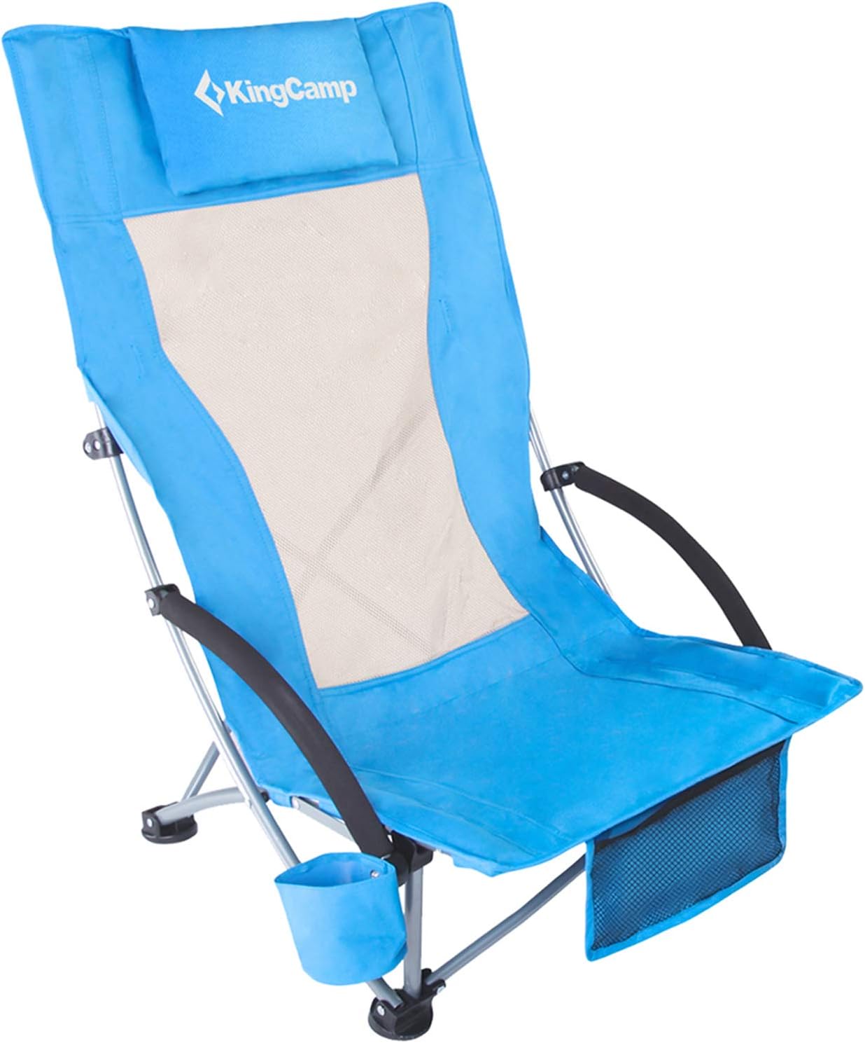 KingCamp Low Sling Beach Chairs,Folding Low/High Mesh Reclining Back Low Seat Beach Chair for Adults with Headrest,Cup Holder,Carry Bag Padded Armrest for Sand Camping Lawn Concert Travel Festival