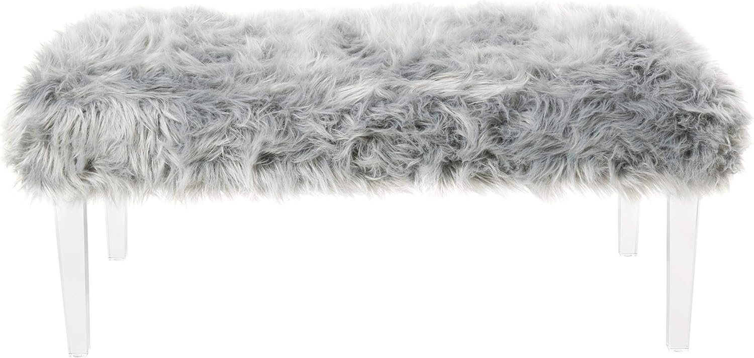 Iconic Home Trento Modern Contemporary Faux Fur Acrylic Leg Bench, Grey