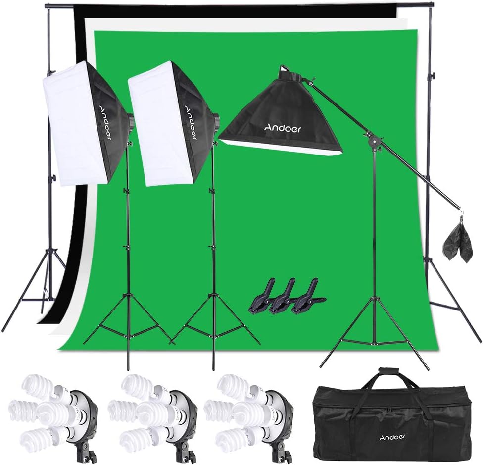 Andoer Photography Studio Softbox Lighting Kit with 6.5ftx10ft(2X3Meters) Background Support System Including 3pcs Backdrops(Black/White/Green) Screen for Photo, Video, Portrait and Product Shooting