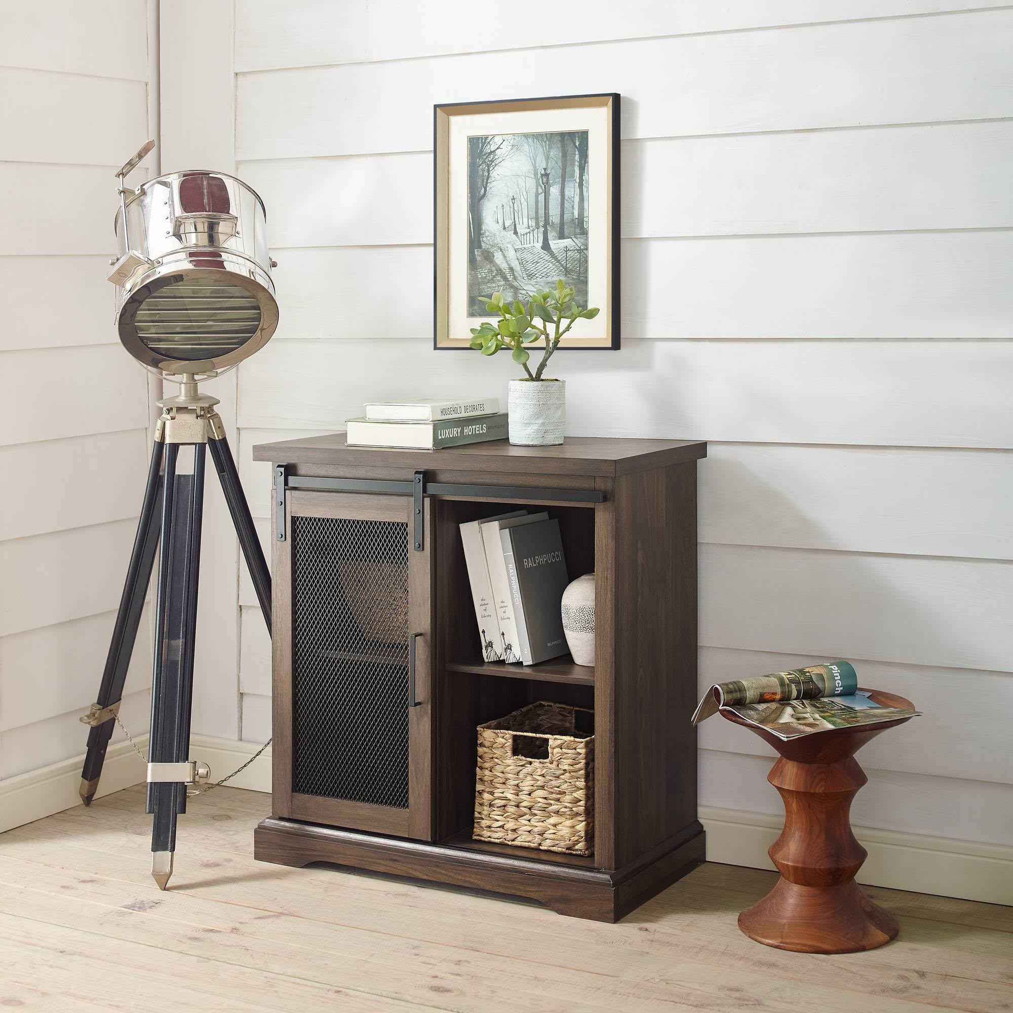 Tertia Industrial Farmhouse Accent Cabinet with Sliding Mesh Door Dark Walnut - Saracina Home 54407825
