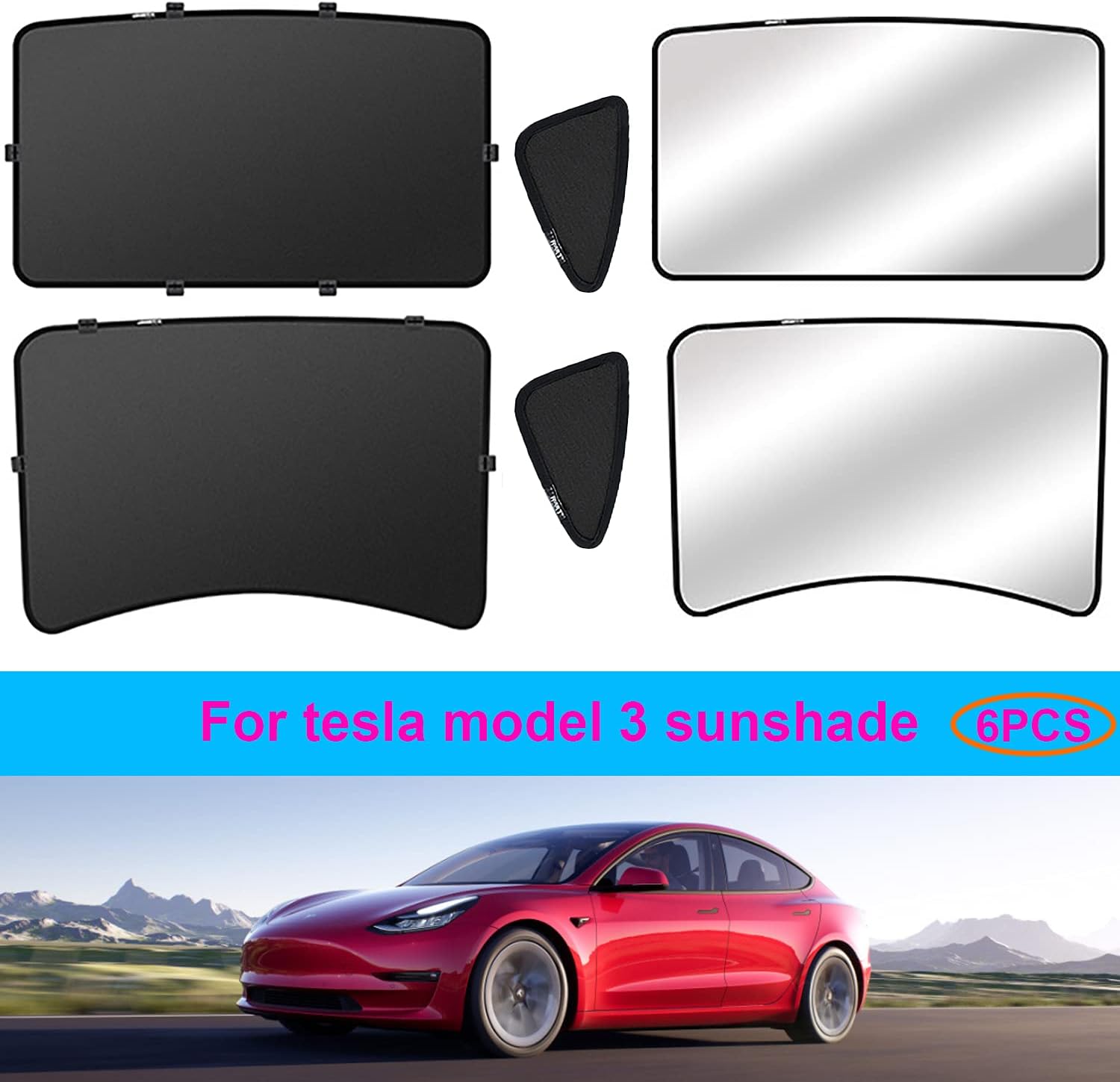 Fit for Tesla Model 3(2017-2021) Sunshade Glass Roof Front and Rear Triangular Window Sunshade New Update Foldable UV/Heat Insulation Film with Car Sunroof Reflective Cover (6PCS) Pack of 2
