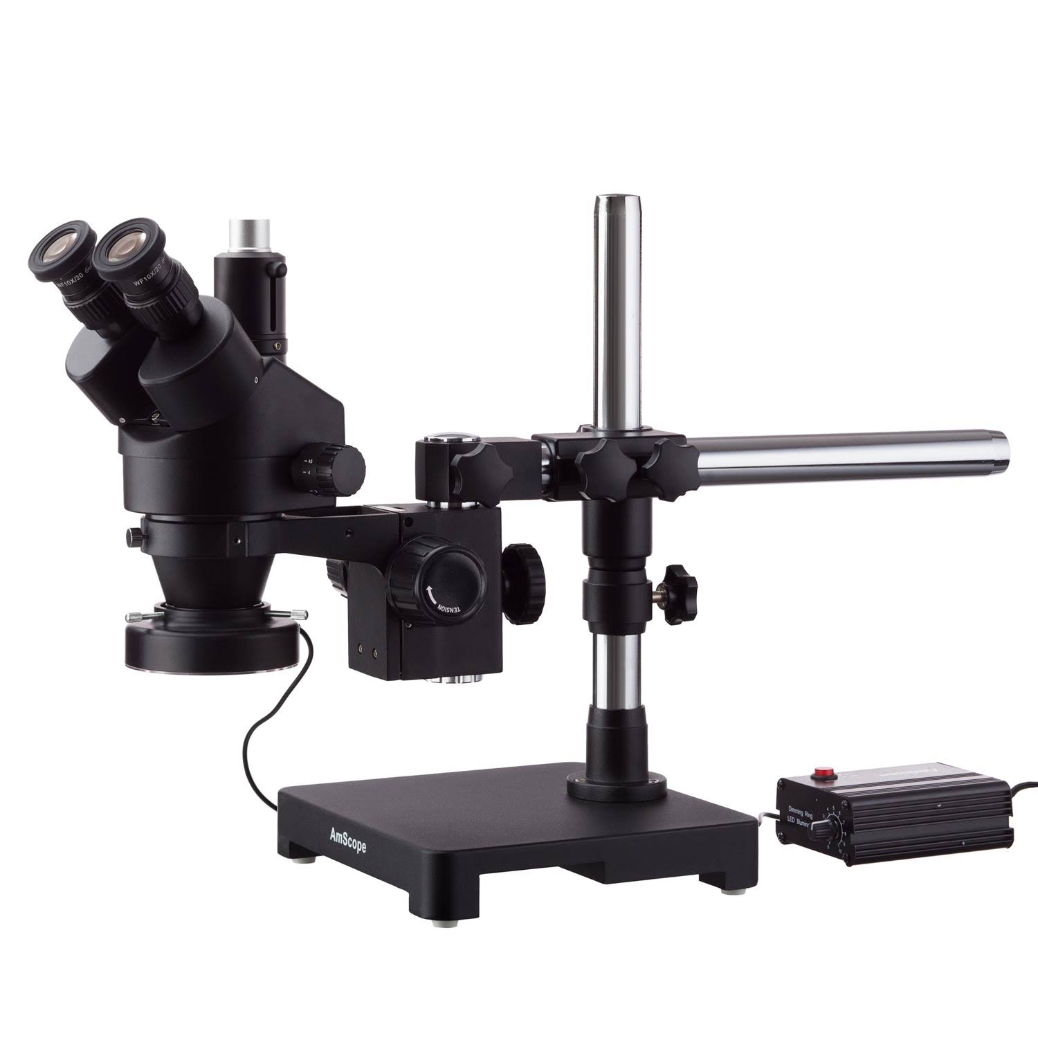 7X-45X Black Trinocular Stereo Zoom Microscope on Single Arm Boom Stand with Heavy Duty 80-LED Ring Light Amscope