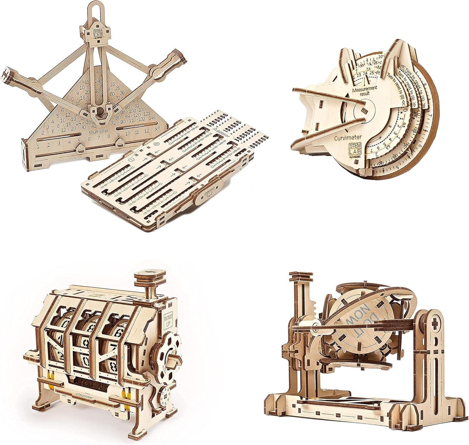 UGEARS Set of 4 STEM Models Math's - Arithmetic Kit, Curvimeter, Random Generator, Counter - Mechanical 3D Puzzles Pack of 2