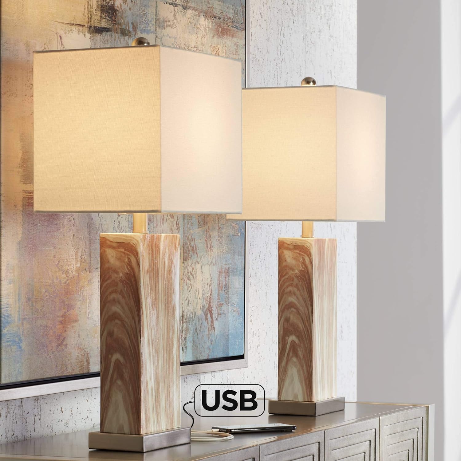 Connie Modern Contemporary Table Lamps Set of 2 with USB Ports Black Faux Marble White Rectangular Shade for Living Room Bedroom House Bedside Nightstand Home Office Family - 360 Lighting