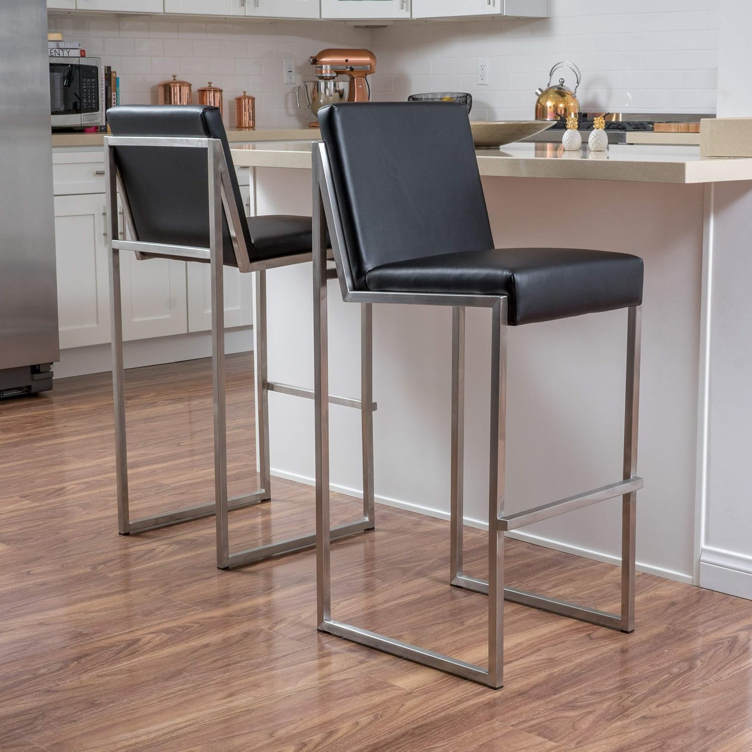 Christopher Knight Home Vasilus Leather Barstools, 2-Pcs Set, Black
