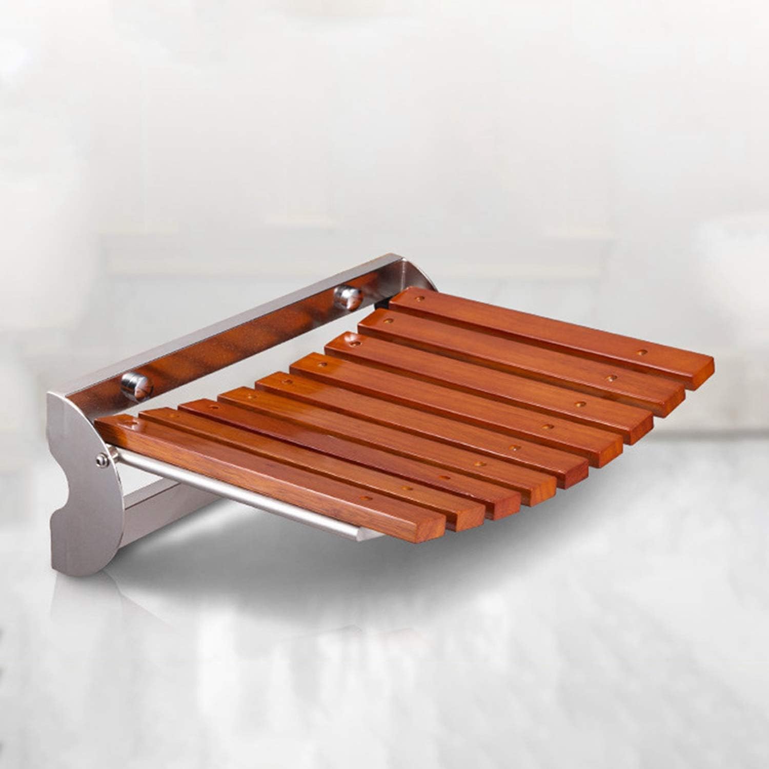 Wood Shower Seat Wall Mounted Folding 300 Lbs Weight Capacity Wood and Stainless Steel Fold Down Seat Bath for Adults Elderly Holds Stool Stool (Color : A, Size : Large)