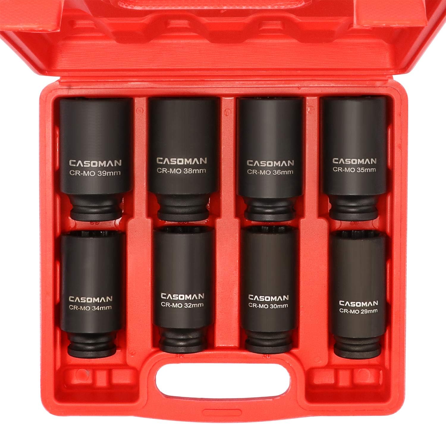 CASOMAN 1/2-Inch Drive Deep Spindle Axle Nut Impact Socket Set,12 Point, Metric, CR-MO, 29,30 32 34 35,36,38,39mm 8 Piece 1/2