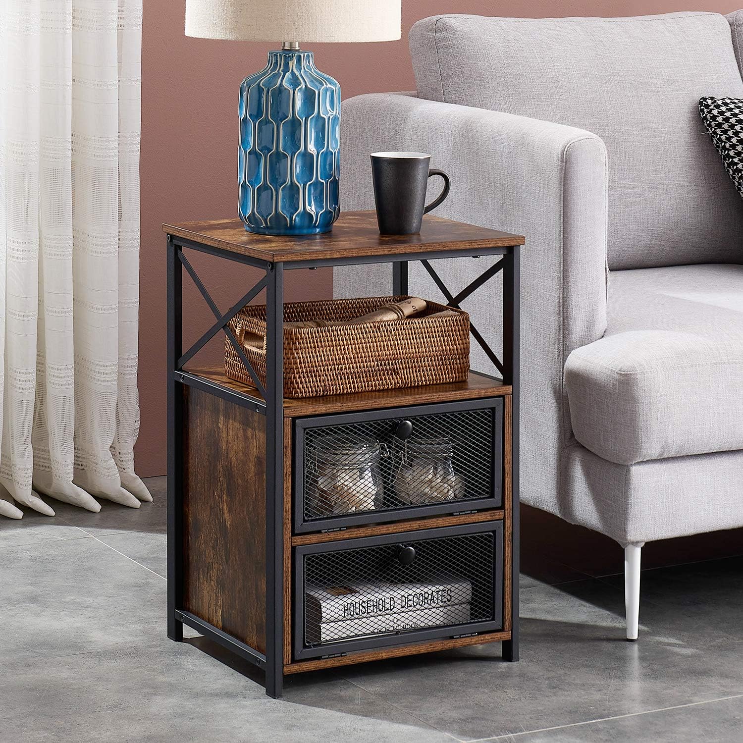 VECELO Modern Night Stand, End Side Table with Storage Space and Door, Nightstands with Flip Drawers for Living Room,Bedroom,Lounge,Set of 2, Rustic Brown