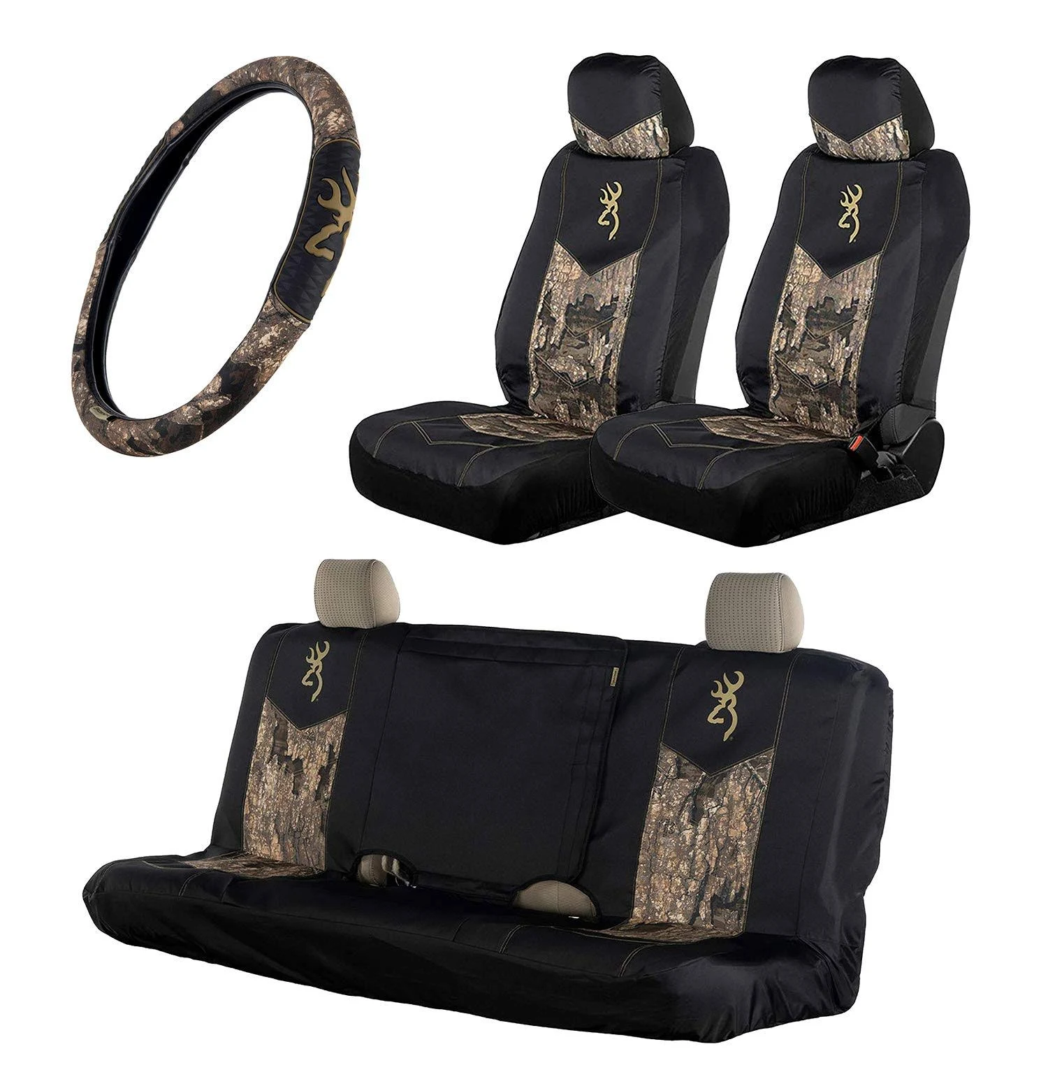 Realtree 4pc Camo Auto Accessories, Timber, Xtra and Mint Camo - Includes 2 Low Back and 1 Bench Camo Seat Covers and 2-Grip Cam