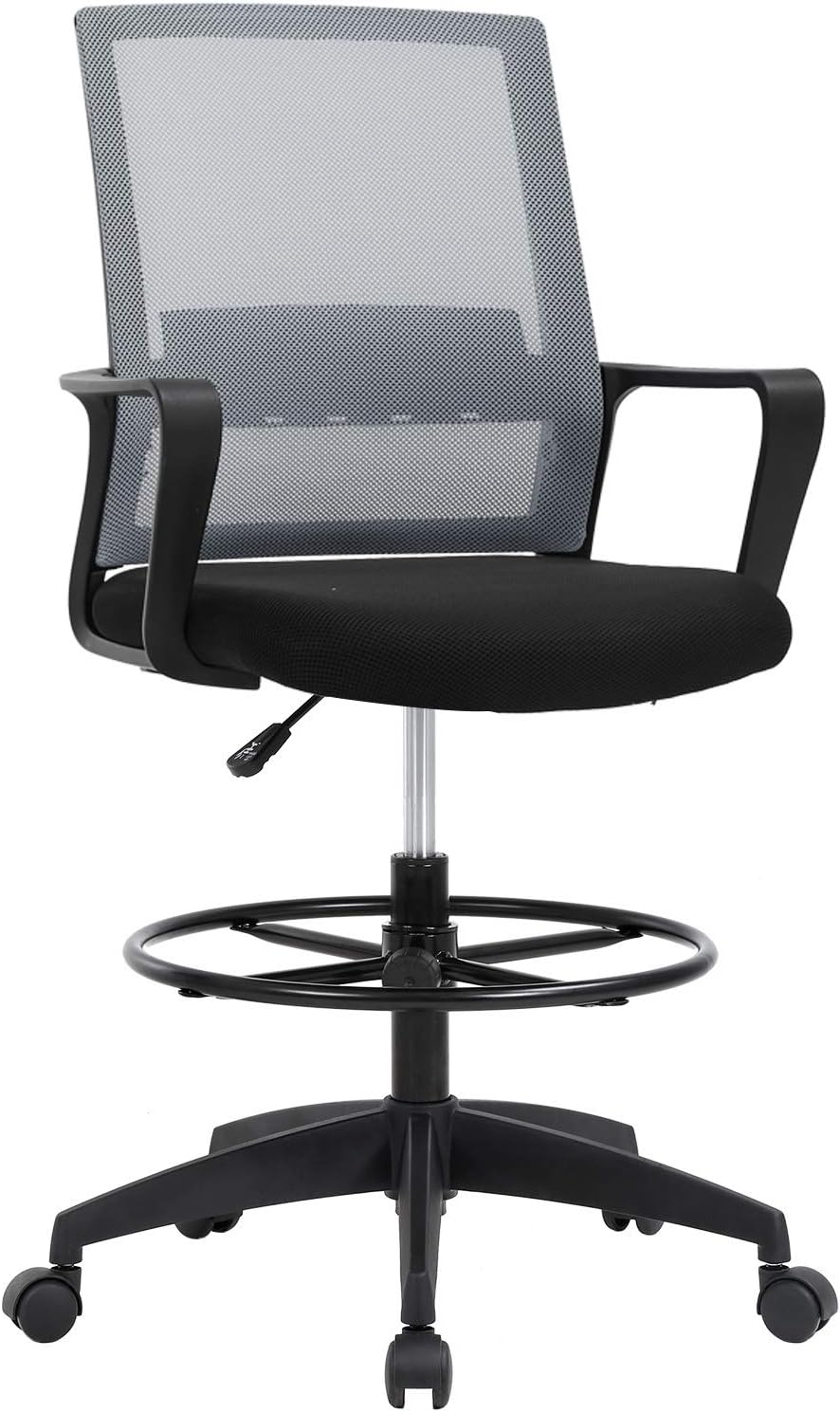 Drafting Chair Tall Office Chair Adjustable Height with Lumbar Support Arms Footrest Mid Back Desk Chair Swivel Rolling Mesh Computer Chair for Adults Standing Desk Drafting Stool(Black)