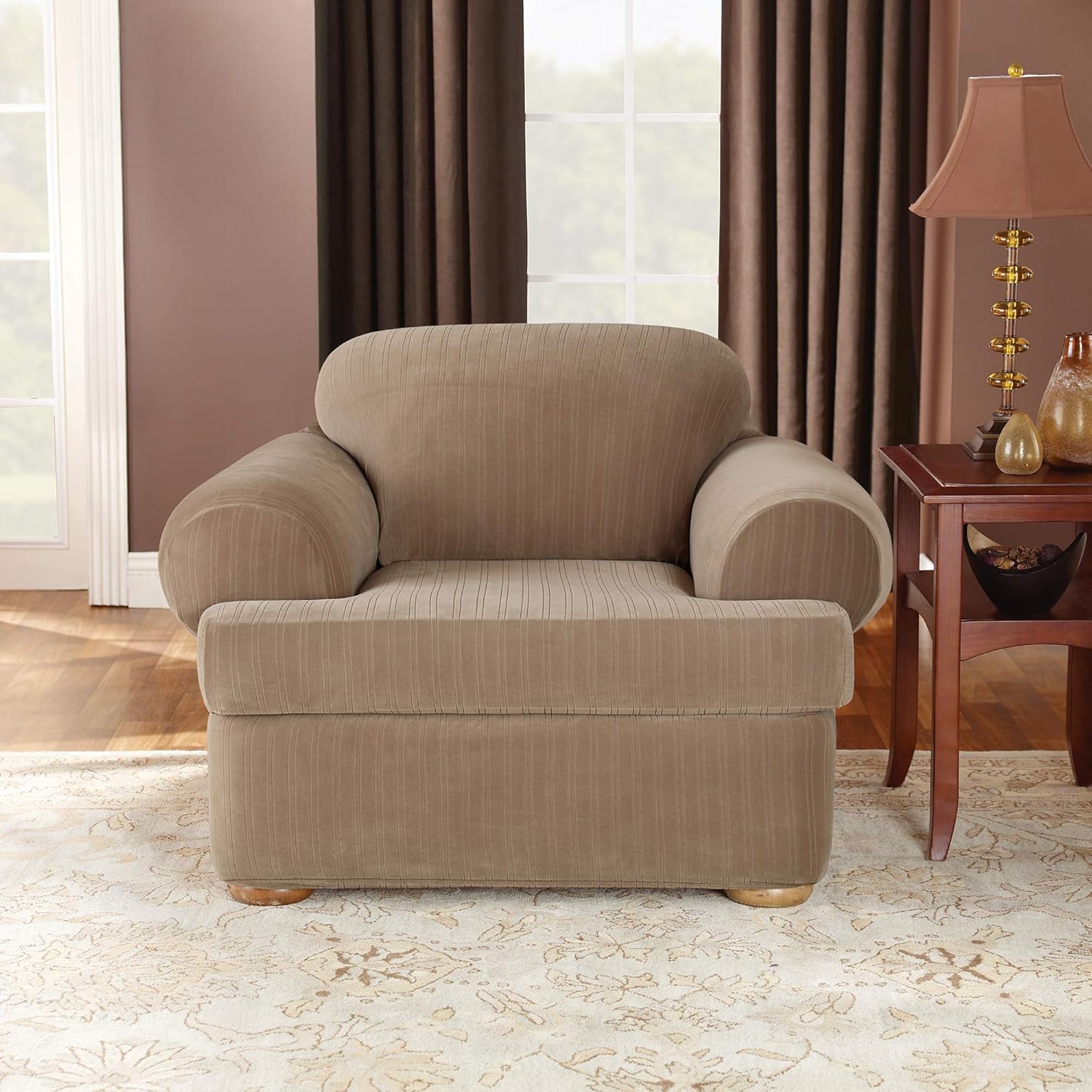 SureFit Stretch Pinstripe T-Cushion Chair Cover, Form Fit, Polyester/Spandex, Machine Washable, Taupe Color