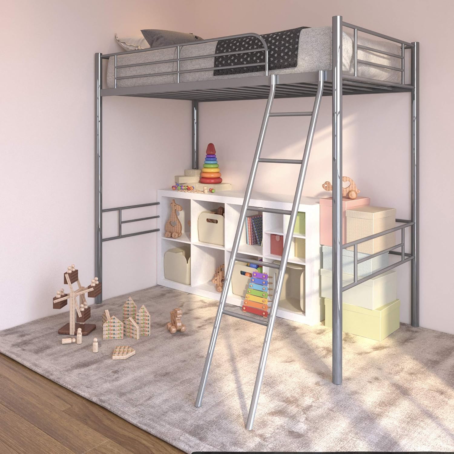 LoLado Twin Loft Bed , Metal Bed Frame with Ladder for Small Space (Black)