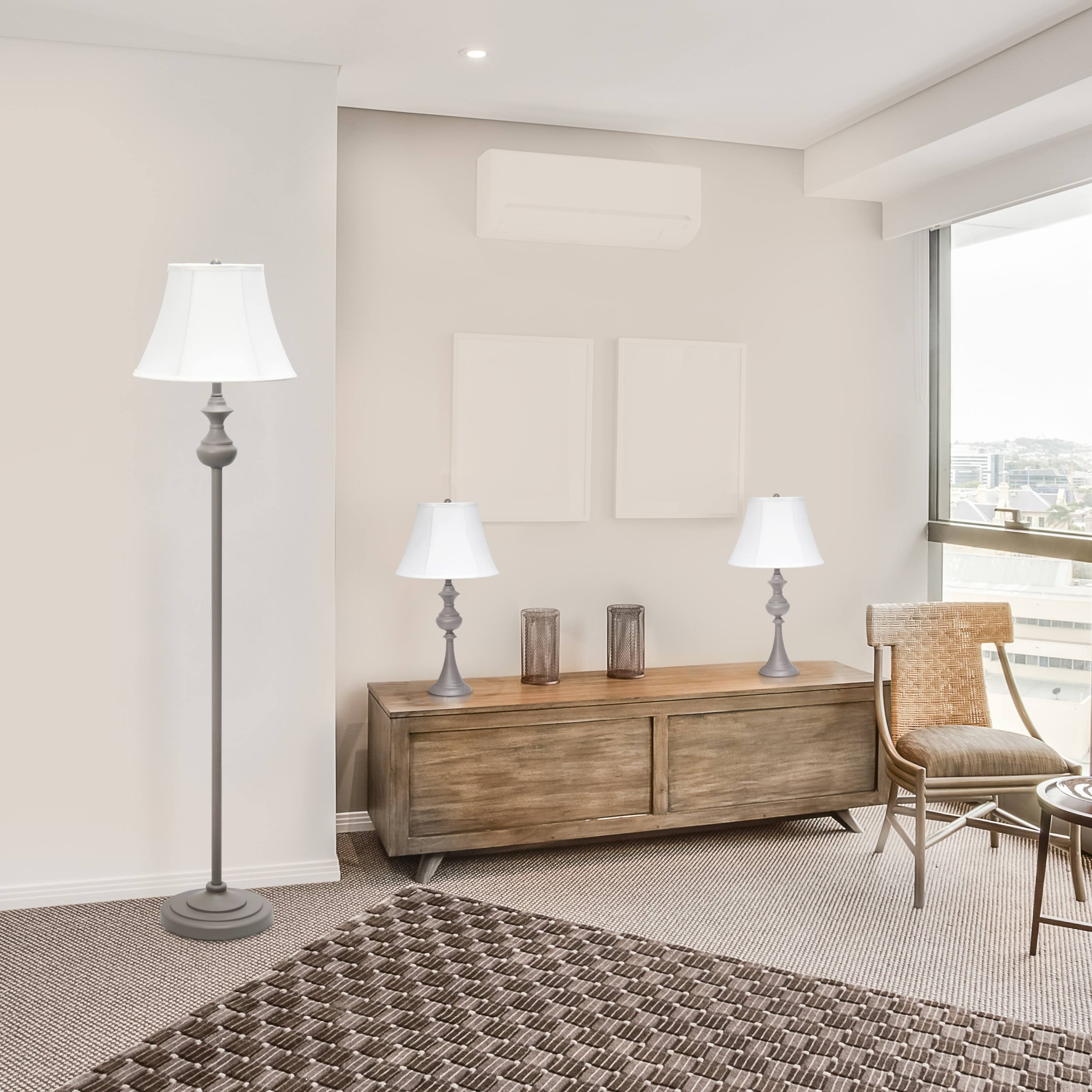 Elegant Designs Traditionally Crafted 3 Pack Lamp Set (2 Table Lamps, 1 Floor LAMP) with White Shades, Gray