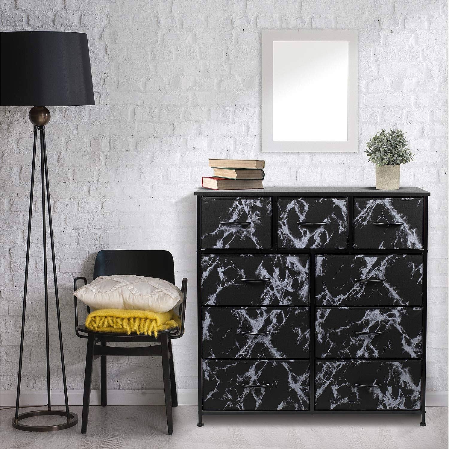 Sorbus 9-Drawers Chest Dresser - White Frame, Black Marble