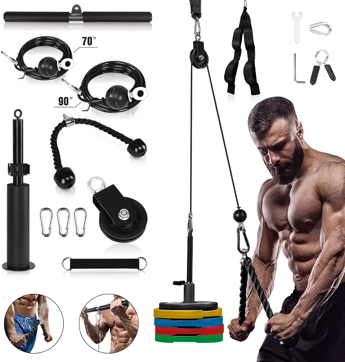 YeYeBest Pulley Cable System Home Gym, 3 in 1 Triceps Pulley Cable System with Silent Heavy Pulle, Upgraded LAT Pull Down Bar for Biceps Curl, Tricep, Arm Workouts Pack of 2