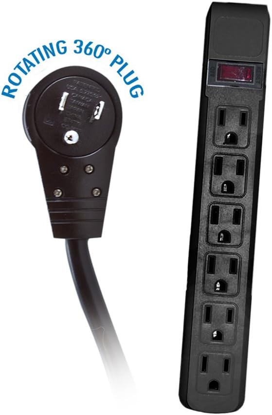 ACL 15 Feet Power Cable with 6 Outlets Surge Protector, Flat Rotating Plug, Horizontal Outlets, Black Pack of 2