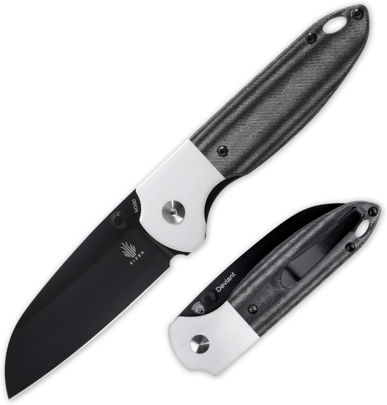 Kizer Deviant Pocket Knife, 3 Inches M390 Sheepfoot Blade with G10/Micarta Handle, EDC Knives with Clip -V3575 (G10+Black Micarta handle+Black M390 blade)