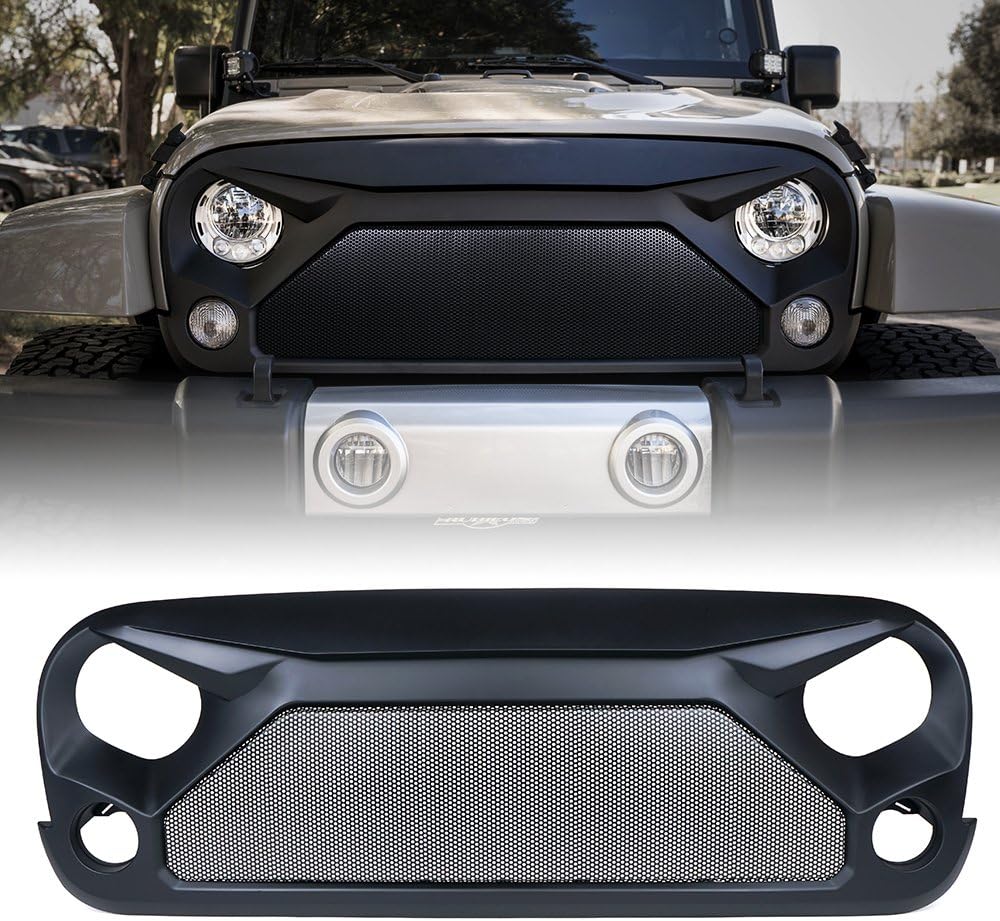 Xprite Front Grill Gladiator Vader Matte Black Grille with Mesh for 2007-2018 Jeep Rubicon Sahara Sport JK JKU