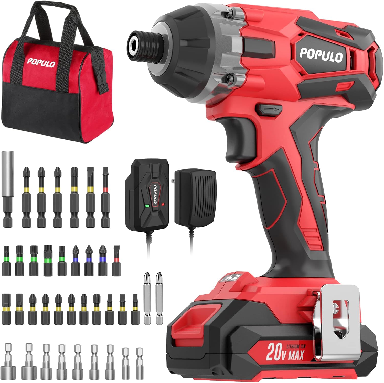 POPULO Impact Driver Kit, 1770 in-lbs 20V Max Lithium Ion Cordless 1/4