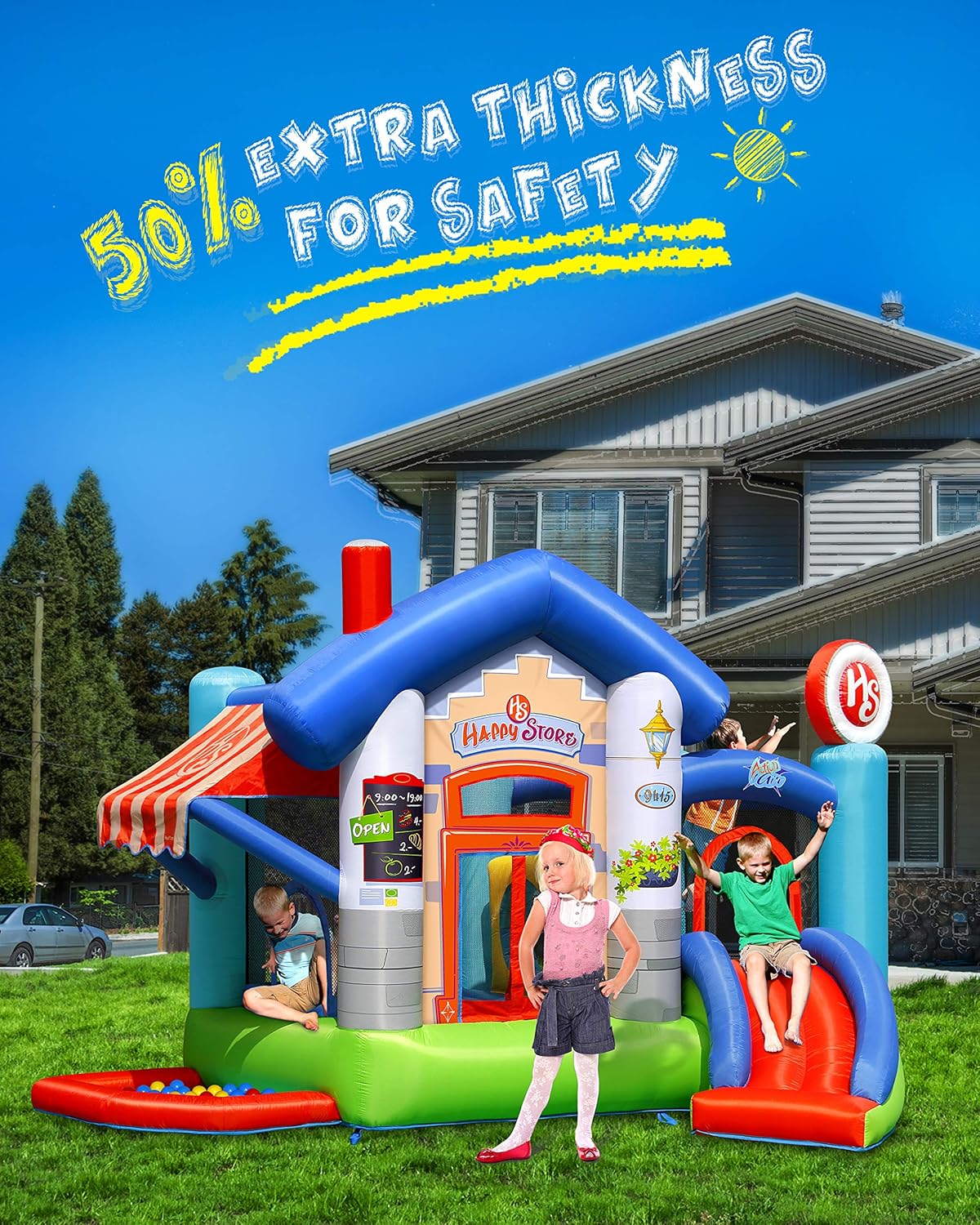 Action air Bounce House, Bouncy House for Kids, Convenience Store with 30 Pit Balls Pool, Inflatable Bounce House with Blower for Party and Holiday, Durable Sewn and Extra Thick (9415)