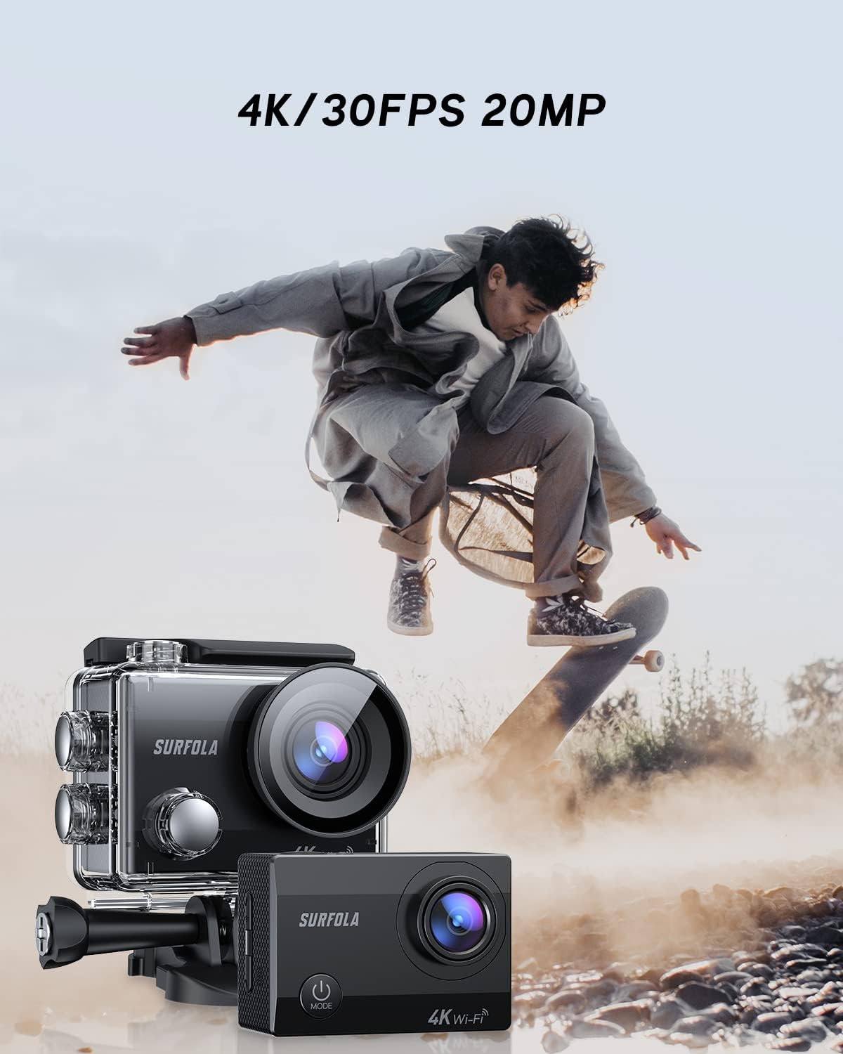 Action Camera, Surfola SF230 4K/30FPS 20MP WiFi, Anti-Shake Waterproof Camera Underwater 131ft, Remote Control External Microphone with 2 Batteries and Helmet Accessories Kit Pack of 2