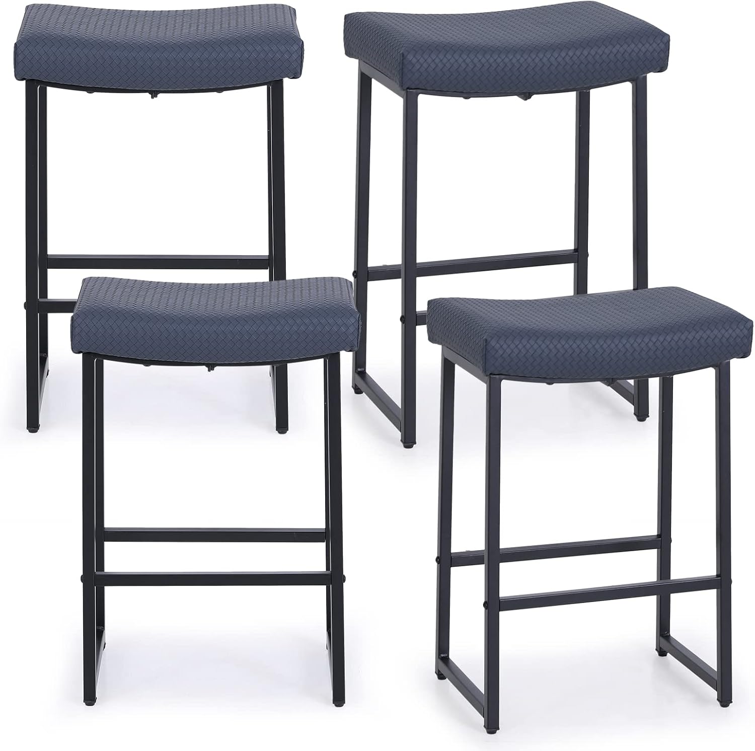 PHI VILLA Bar Stools Counter Height,24 inches Saddle-Seat Counter Stools with Footrest,Backless Saddle Stools for Kitchen Counter,Kitchen Island and Dining Room,Blue,1 Pack
