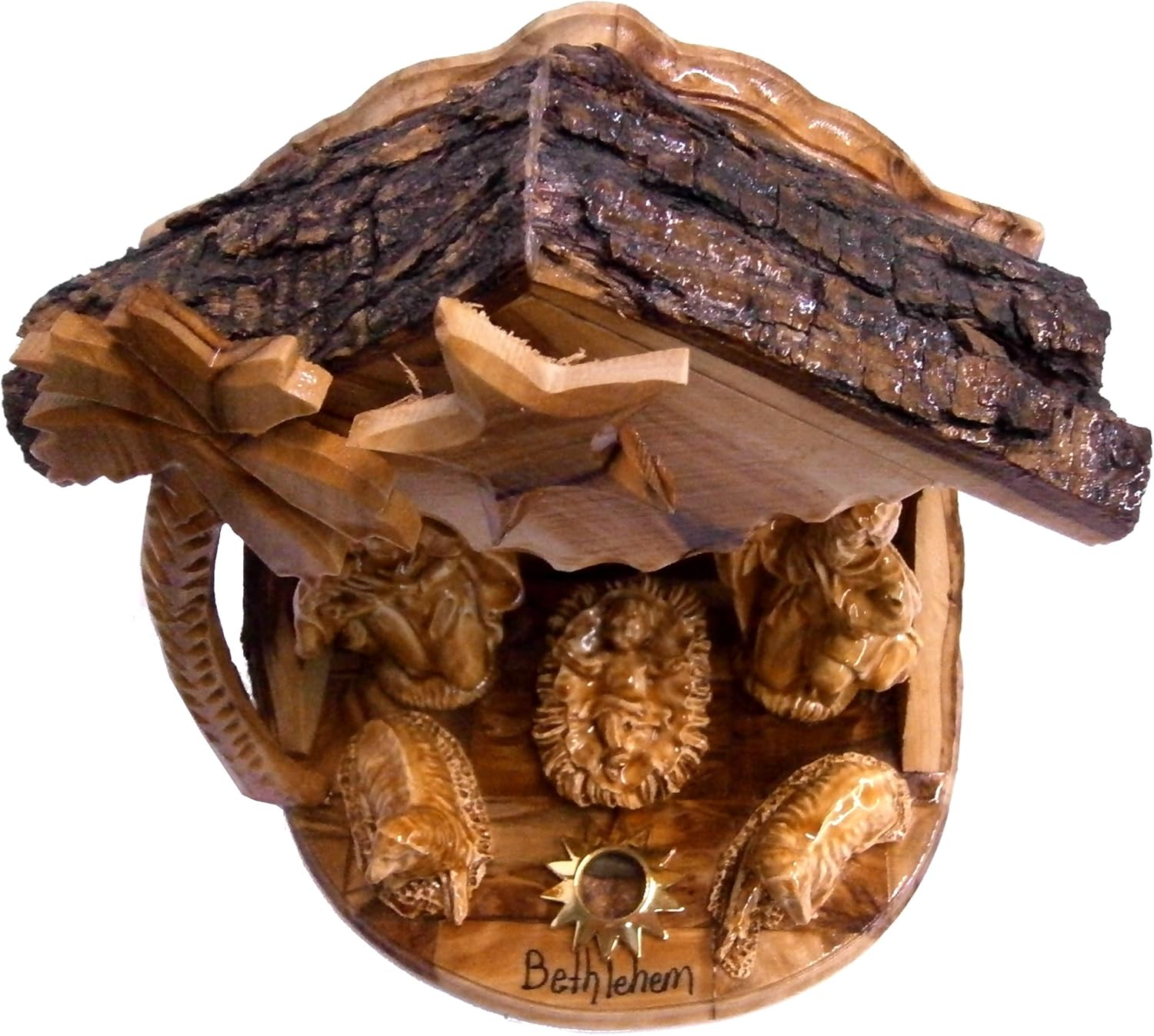 Holy Land Market Musical Olive Wood Nativity Set with Rustic Stable (Bark Roof) - Glued Alabaster Pieces (6.5 Inches) Pack of 2