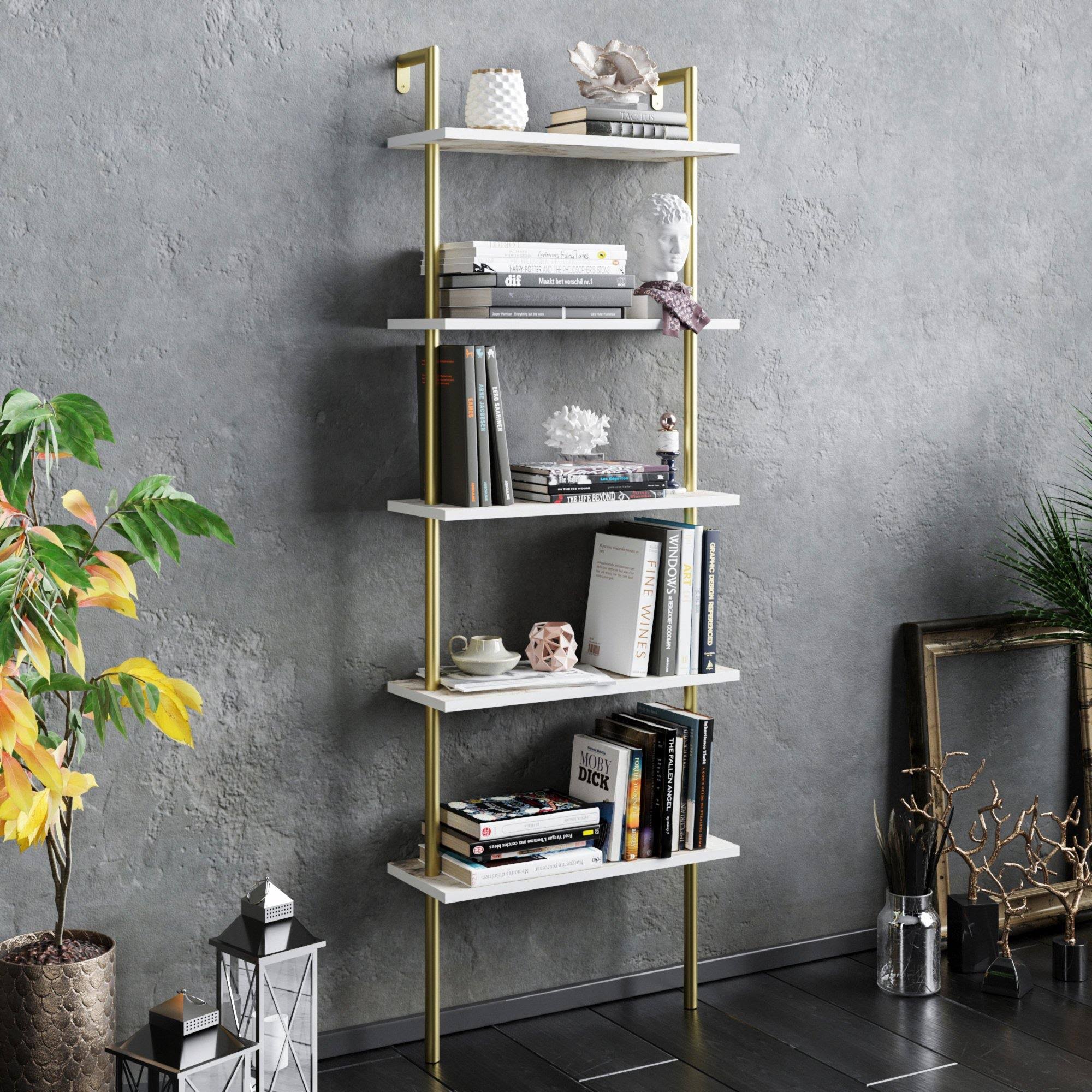 Decorotika Paula 68&& Tall Metal Wood Accent Ladder Bookcase - Ephesus White u0026 Gold