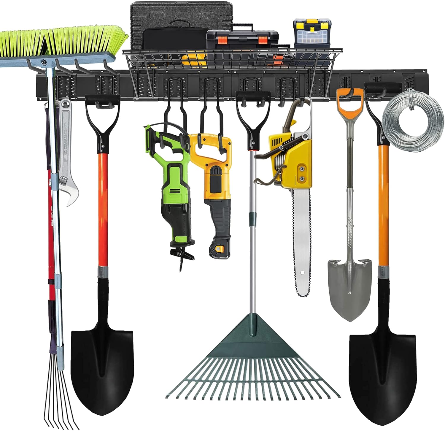 Wallmaster Tool Storage Rack With Wall Shelf, Garage Storage Wall Mount Tool Organizers Heavy Duty Racks Adjustable Wall Hanger System (9Hooks&2Rails&Storage Shelf) Pack of 2