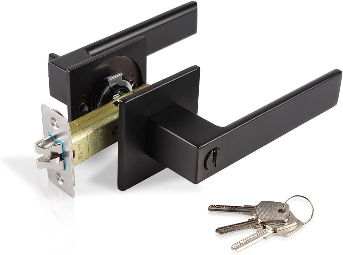 TooCust Square Door Handle with Lock, Golden Door Lever with Lock for Exterior/ Interior, Heavy Duty Door Lock with Key, Modern Style Door Handle Lock, Left/Right Hand Reversible, 1 Pack