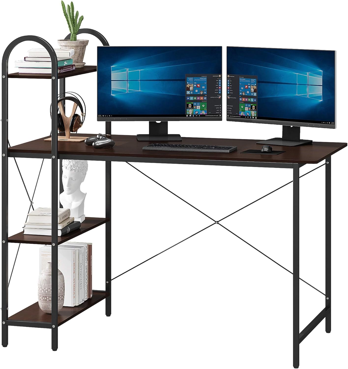 HOME BI Computer Desk with Shelves,47 Inch Home Office Study Writing Desk with Storage Shelf,Wood Work-Station PC Laptop Table with 4-Tier Adjustable Bookshelves,Student Corner Desk for Small Space