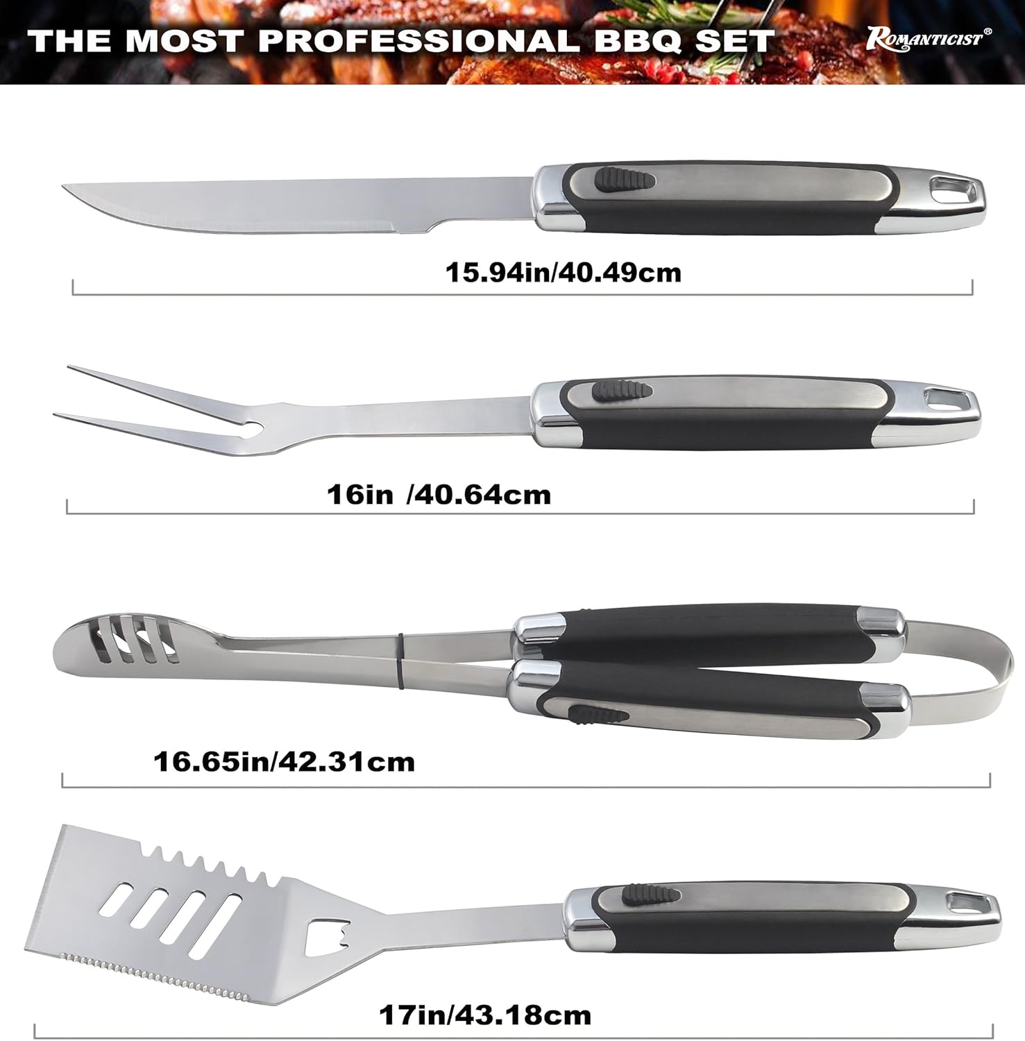 ROMANTICIST 21pc BBQ Grill Accessories Set with Thermometer - The Very Best Grill Gift on Birthday Wedding - Heavy Duty Stainless Steel Grill Utensils with Non-Slip Handle in Aluminum Case