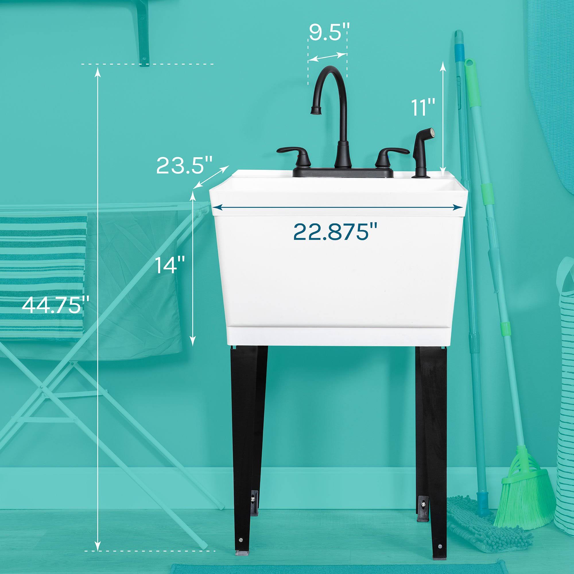 Complete 22.875 in. x 23.5 in. White 19 gal. Utility Sink Set with Black Metal Hybrid Faucet and Side Sprayer