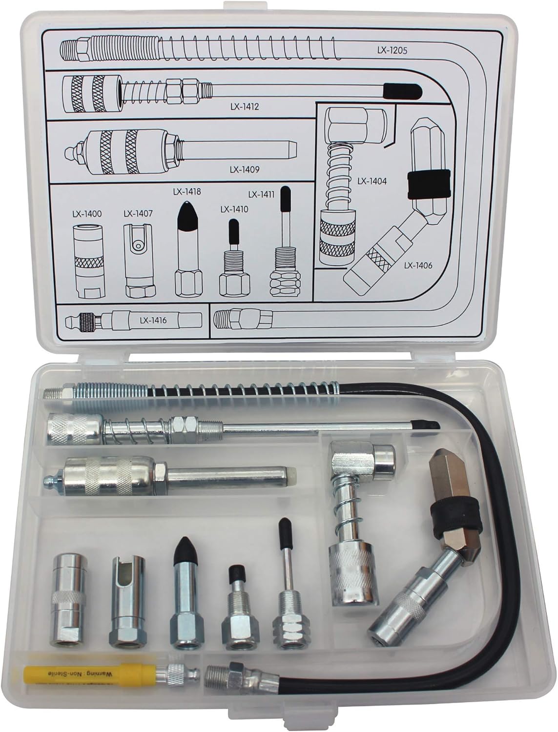 Lumax LX-1470 Silver Lubrication Accessory Kit, 11-Piece. Kit Contains 11 of Lumax&rsquo;s Most Popular lube Accessories. Organize and Store in Convenient Storage case.