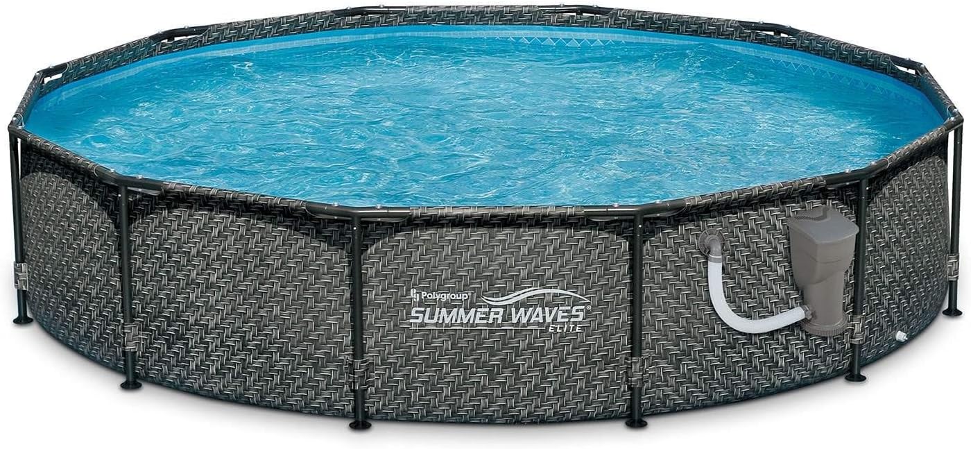 Summer Waves P20012331 Active 12ft x 33in Outdoor Round Frame Above Ground Swimming Pool Set with Skimmer Filter Pump & Filter Cartridge, Gray Wicker