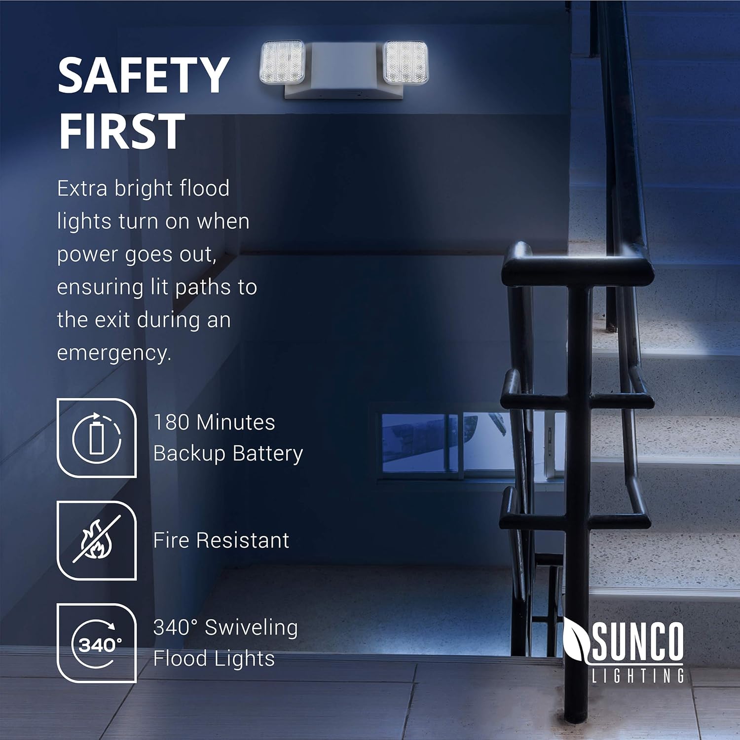 Sunco Lighting 6 Pack LED Emergency Light Fixture, Two LED Flood Lights, Backup Battery (180 Minutes), Wall Mount, Commercial Grade, 120-277V, Fire Resistant (UL 94V-0)