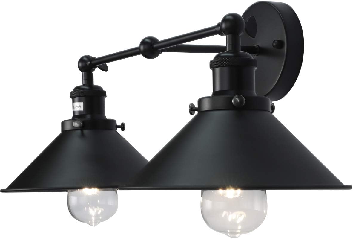 PUUPA 2 Lights Bathroom Vanity Light Fixture, Industrial Pipe Vintage Matte Black Metal Shade Farmhouse Wall Sconces Lighting