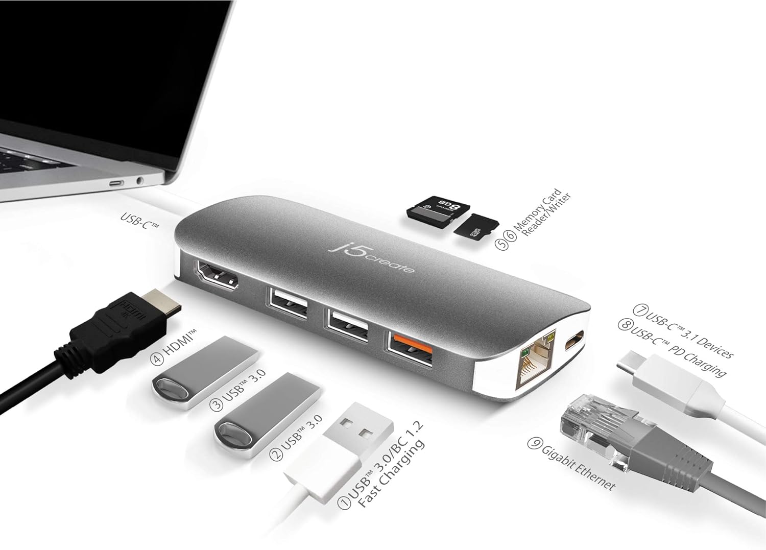 j5create USB-C 9-in-1 Multi Adapter Multi Adapter HDMI/Ethernet/USB 3.1, SD and MicroSD/PD 3.0 | 4K HDMI for MacBook | ChromeBook |USB-C Devices