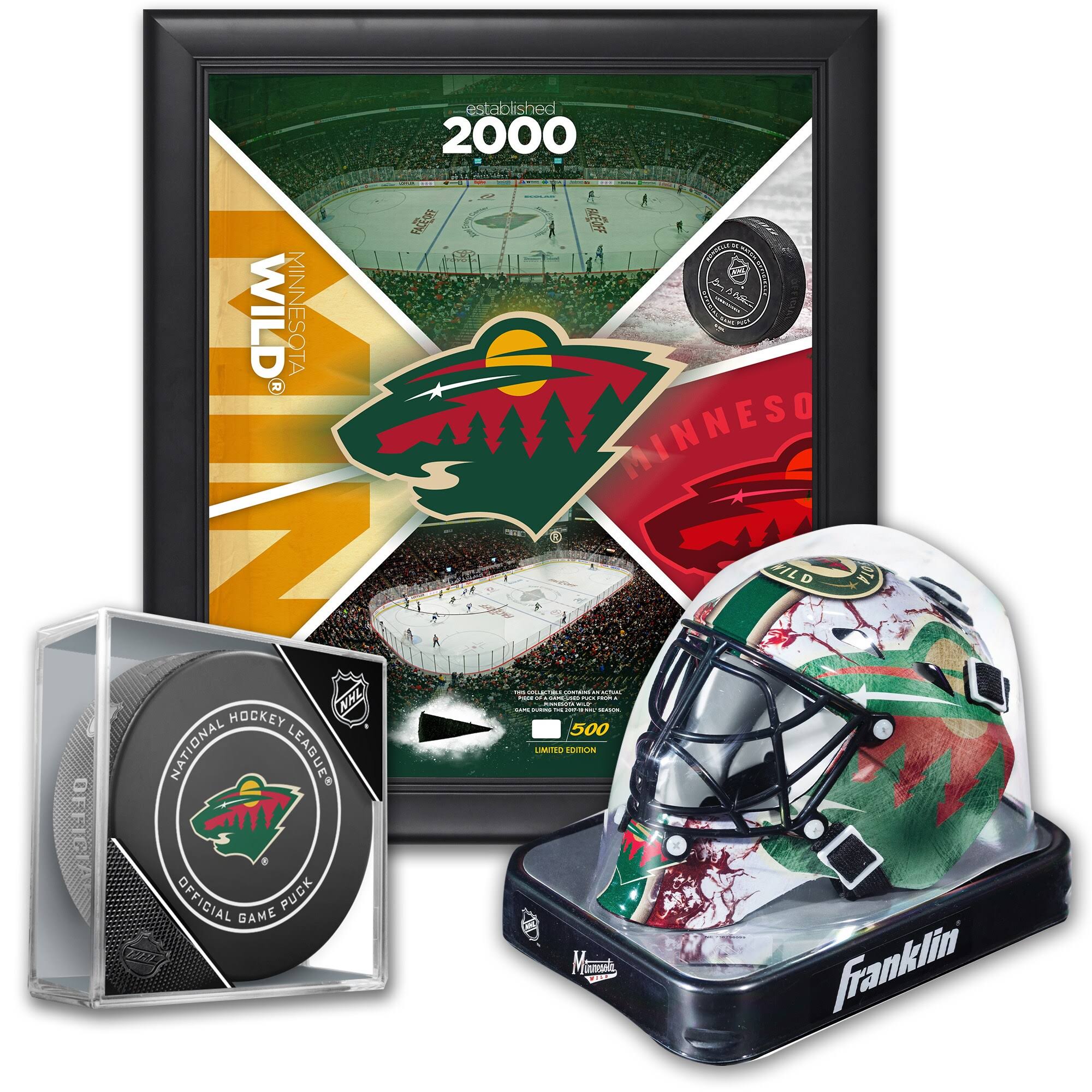 Minnesota Wild Ultimate Fan Collectibles Bundle - Includes Team Impact 15x22 x 17x22 Frame Mini Goalie Mask and Official Game Pu