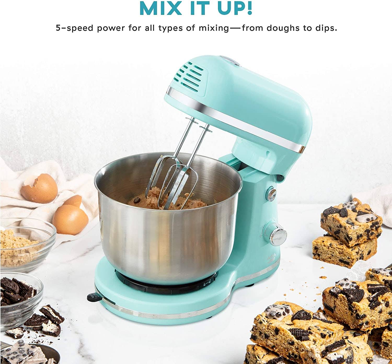 Delish by Dash Compact Stand Mixer 3.5 Quart with Beaters u0026 Dough Hooks Included - Aqua, Blue (DCSM350GBBU02)