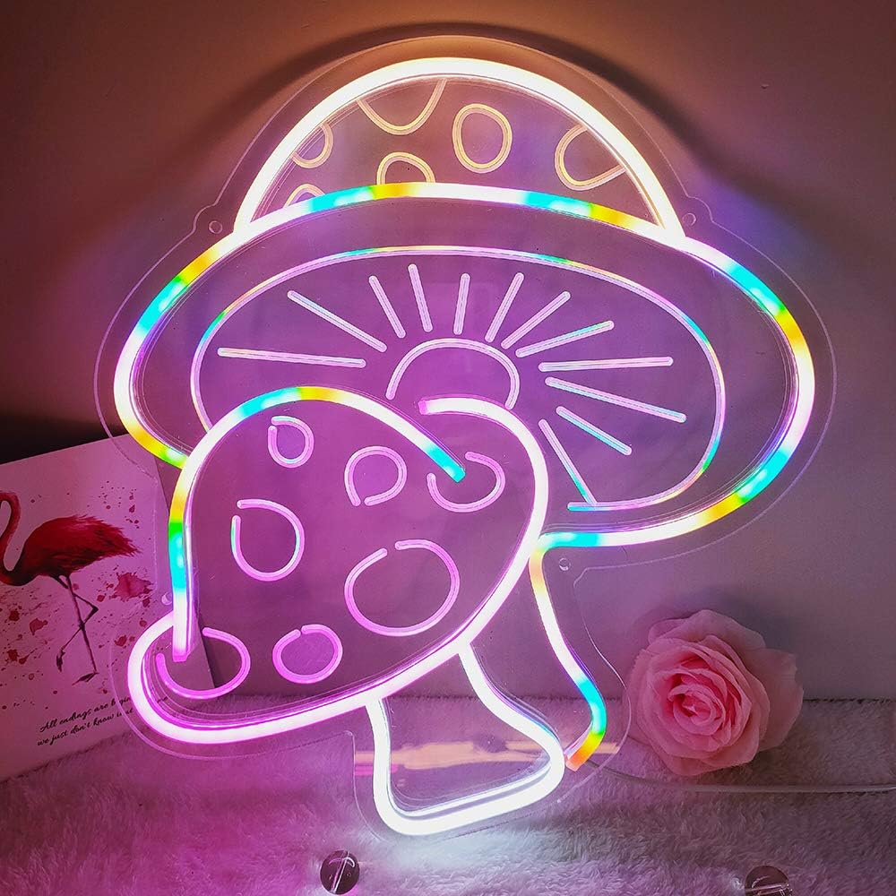 Mushroom Neon Sign with 3D Art, Power by USB Neon Mushroom Sign, Colorful Neon Sign Mushroom with Dimmer Switch for Kids Room, Great Gifts for Everyone, Size 10.5x8.9, Lemon Yellow Pack of 2